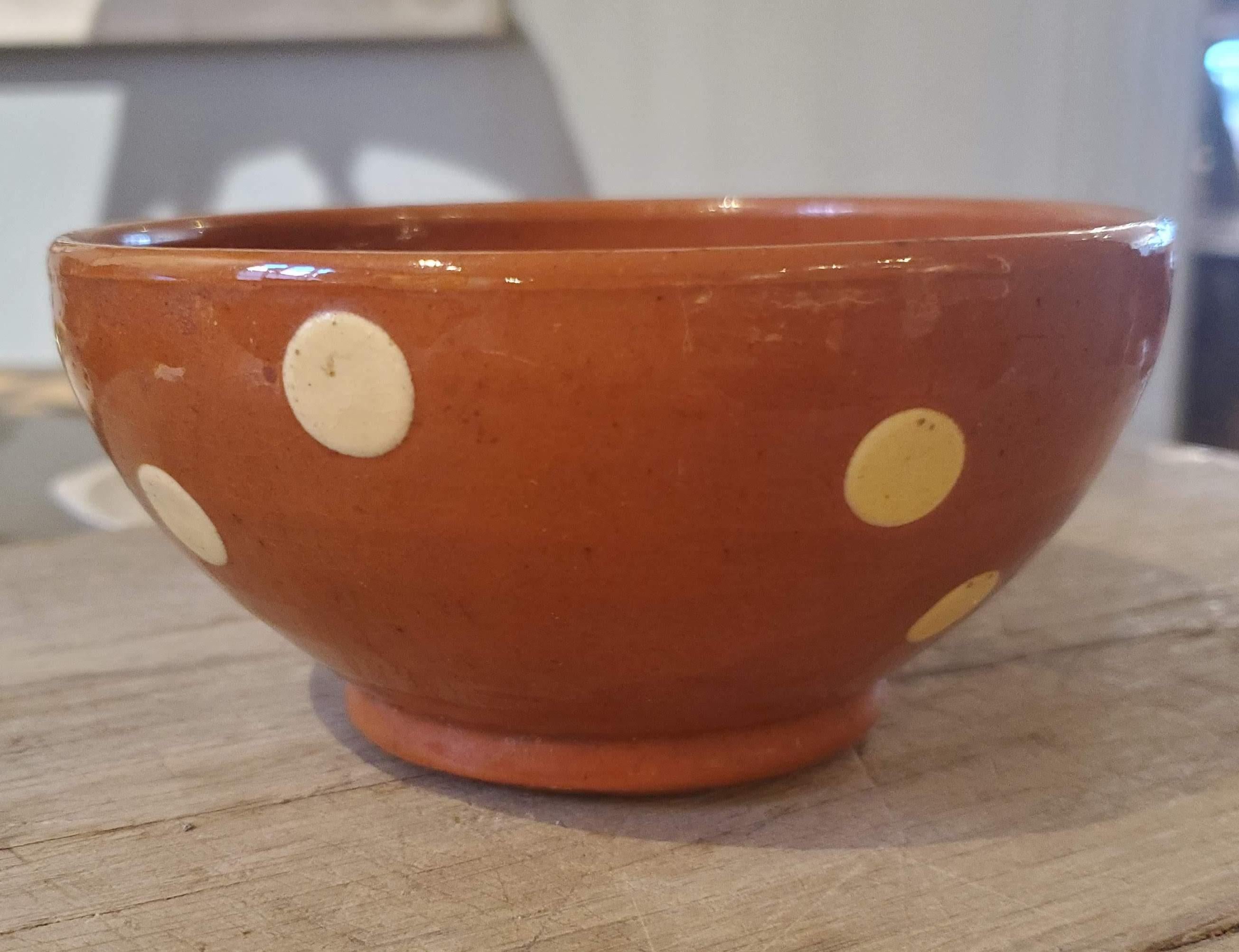 Small 19th Century French Provincial Terracotta Bowl with Cream Polka Dots 1