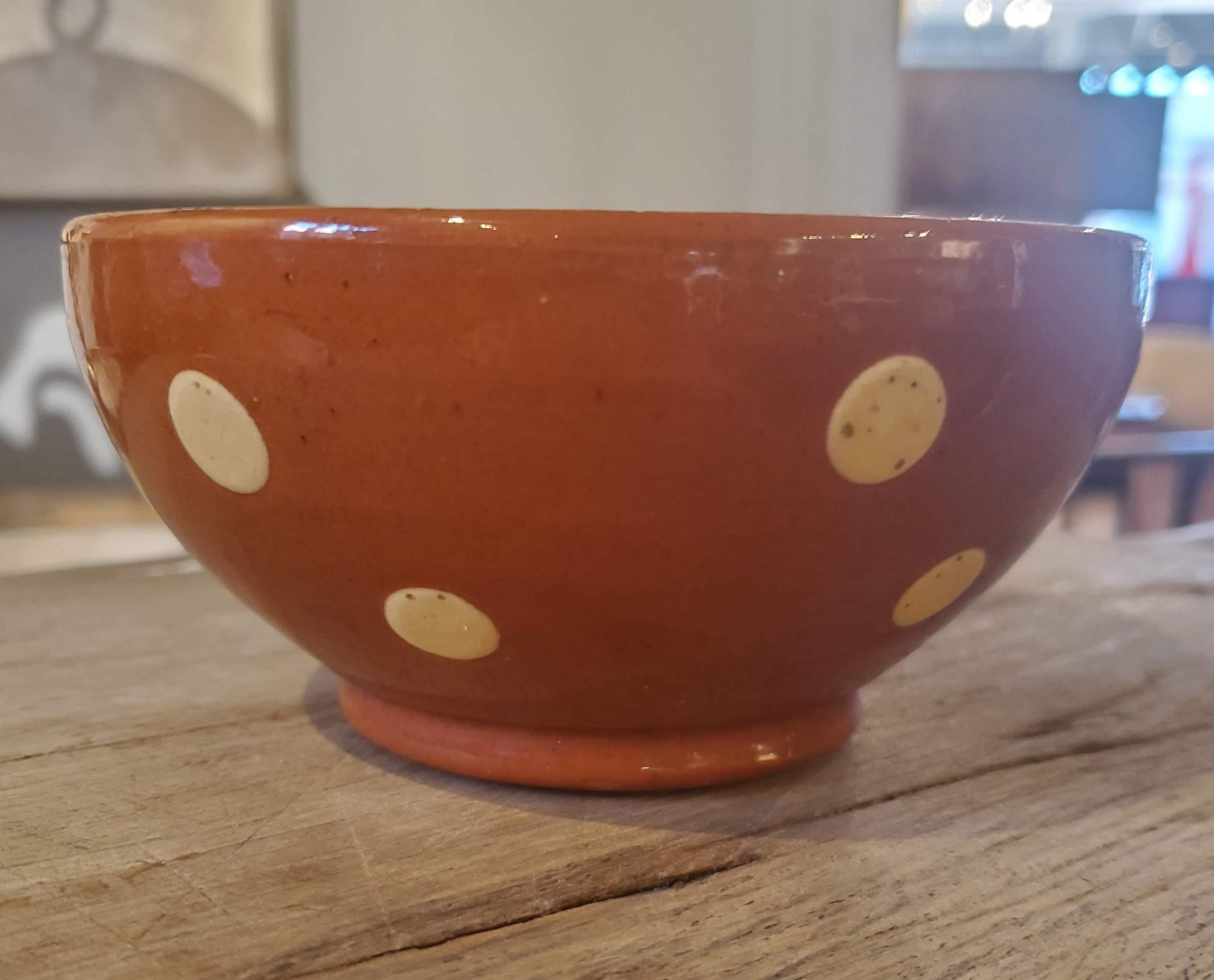 Small 19th Century French Provincial Terracotta Bowl with Cream Polka Dots 2