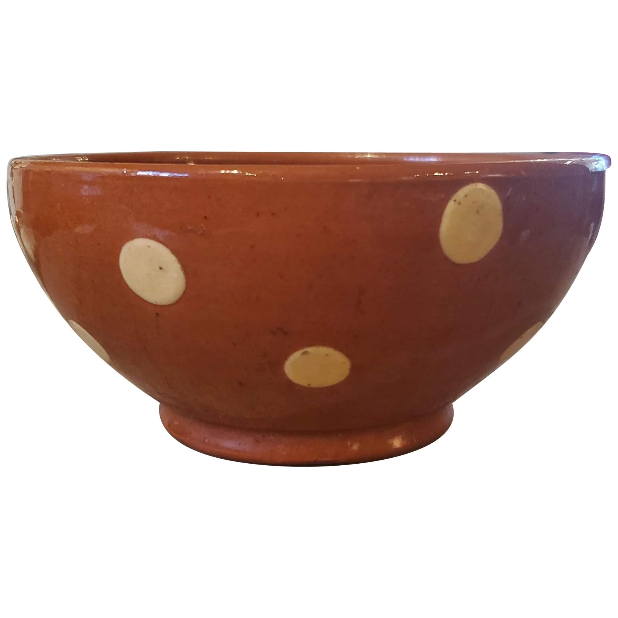 Small 19th Century French Provincial Terracotta Bowl with Cream Polka Dots