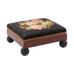 Small 19th Century French Tapestry Footstool with Bouquet of Pink Roses Décor