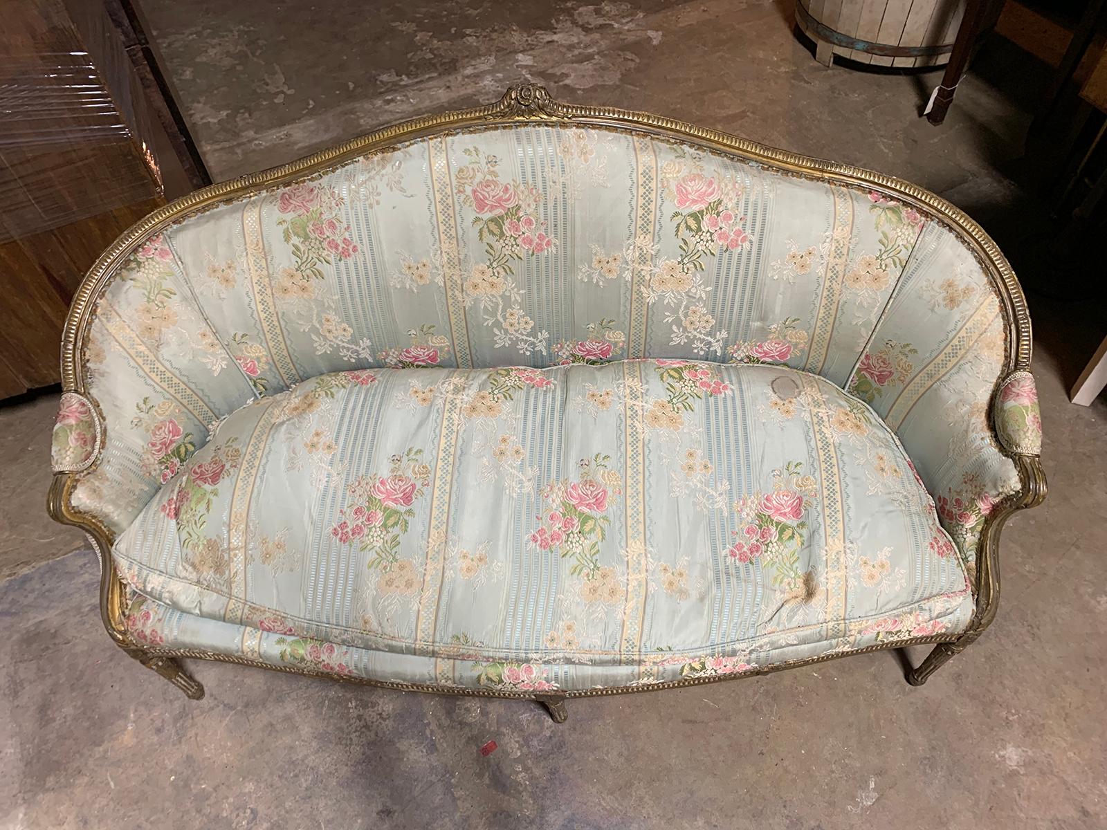 Upholstery Small 19th Century George III Style Carved and Painted Settee