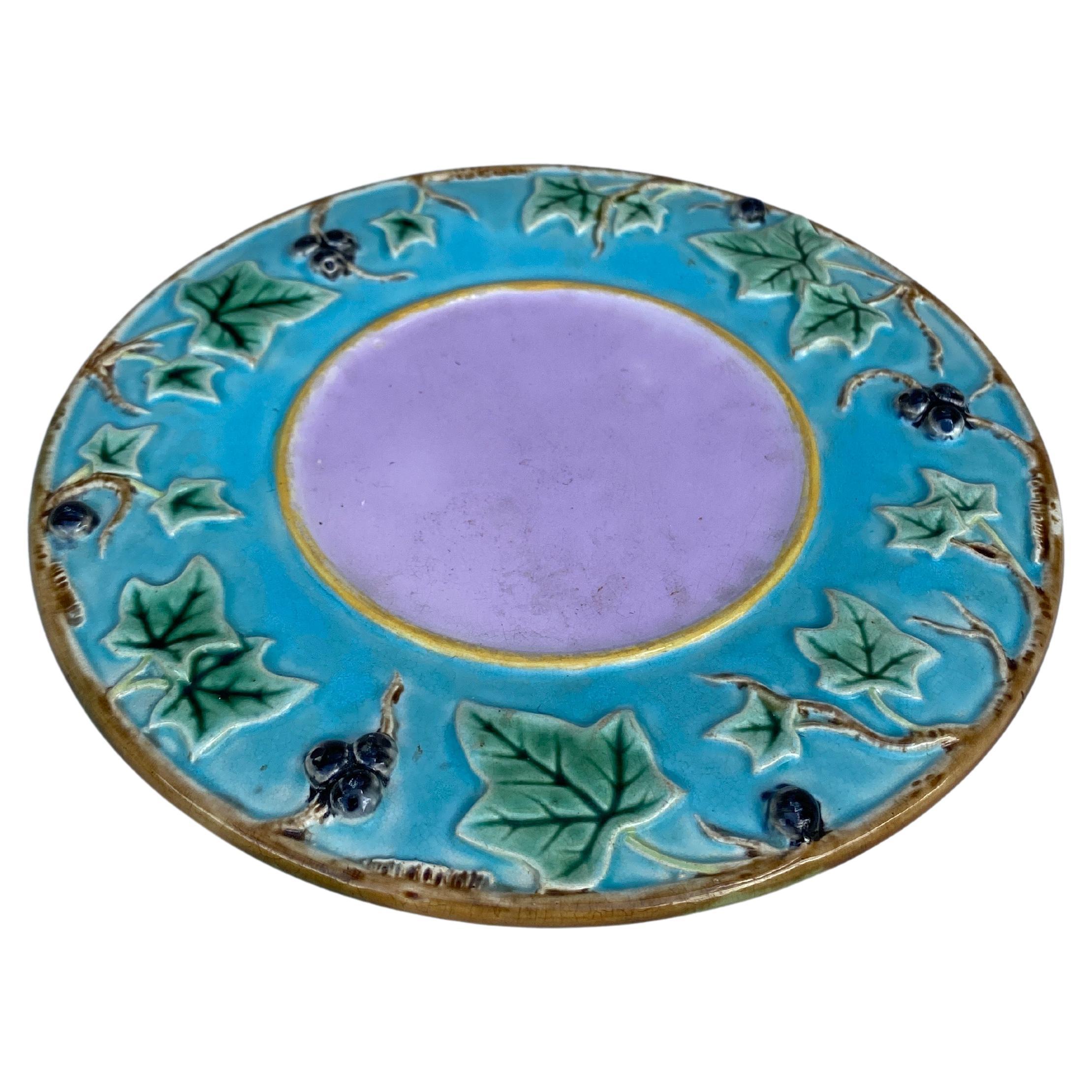 Small Majolica plate with ivy leaves by George Jones.