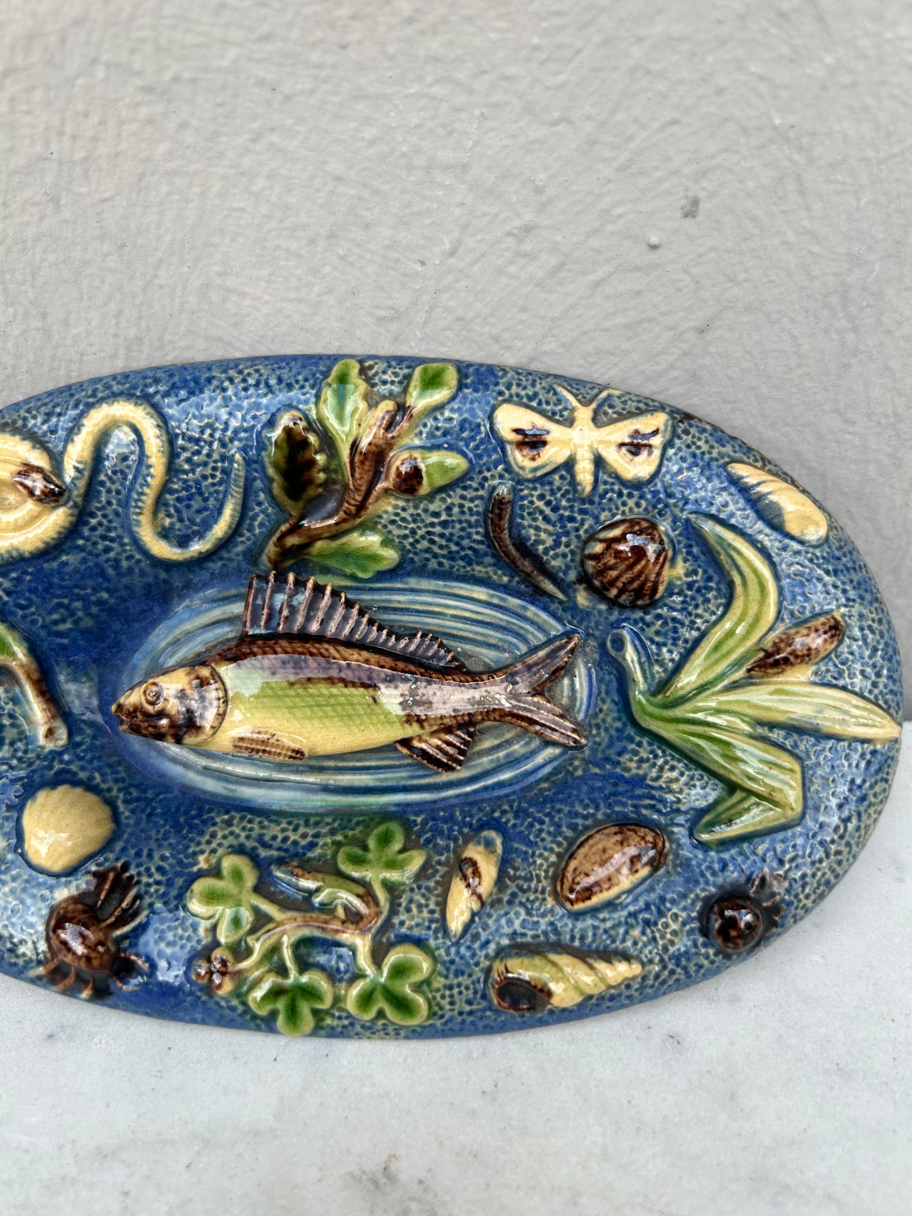 Rustique Petit plat mural en majolique Palissy du 19ème siècle avec poissons en vente