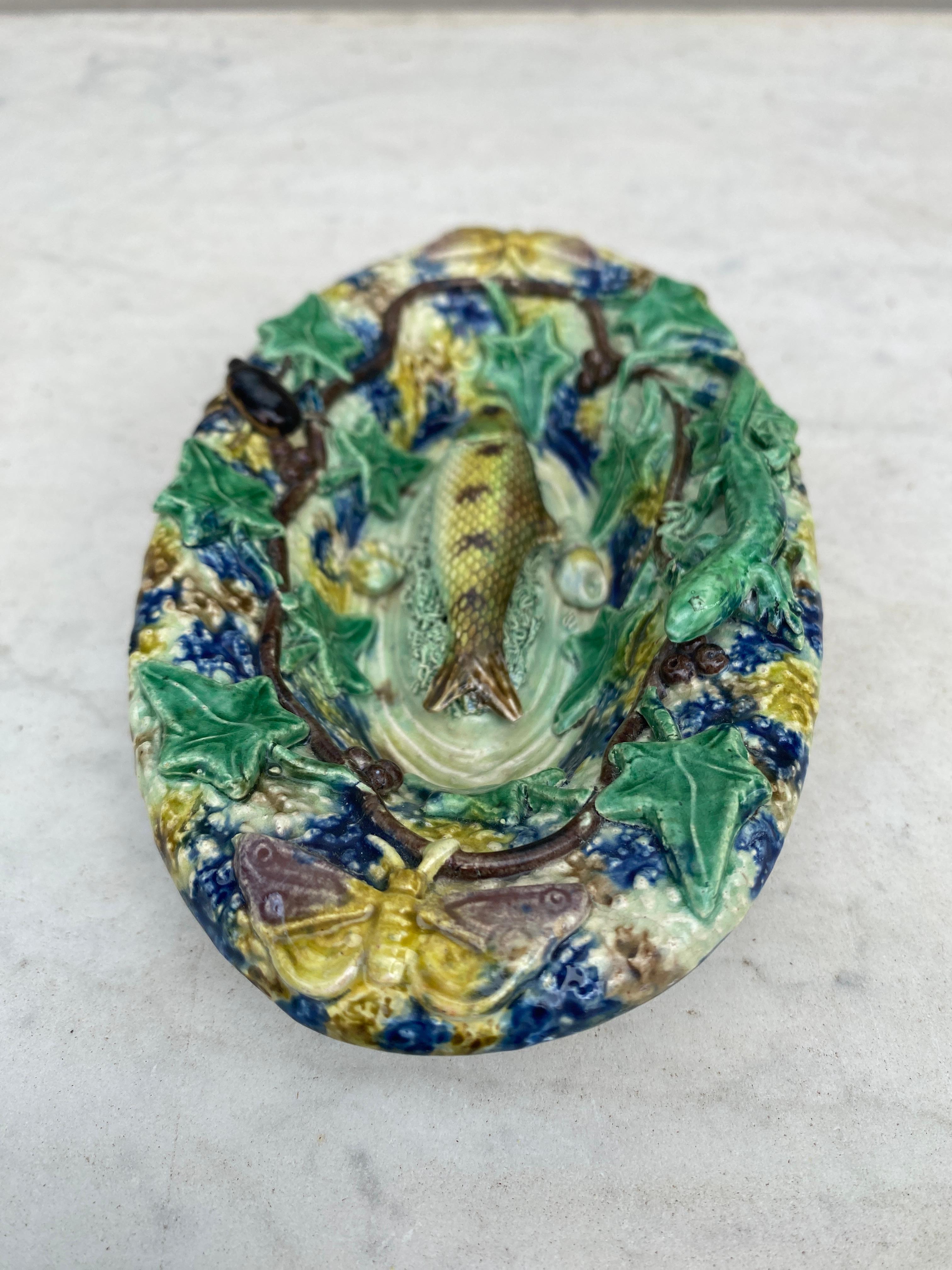 Céramique Petit plat mural en majolique Palissy du 19ème siècle avec poissons en vente