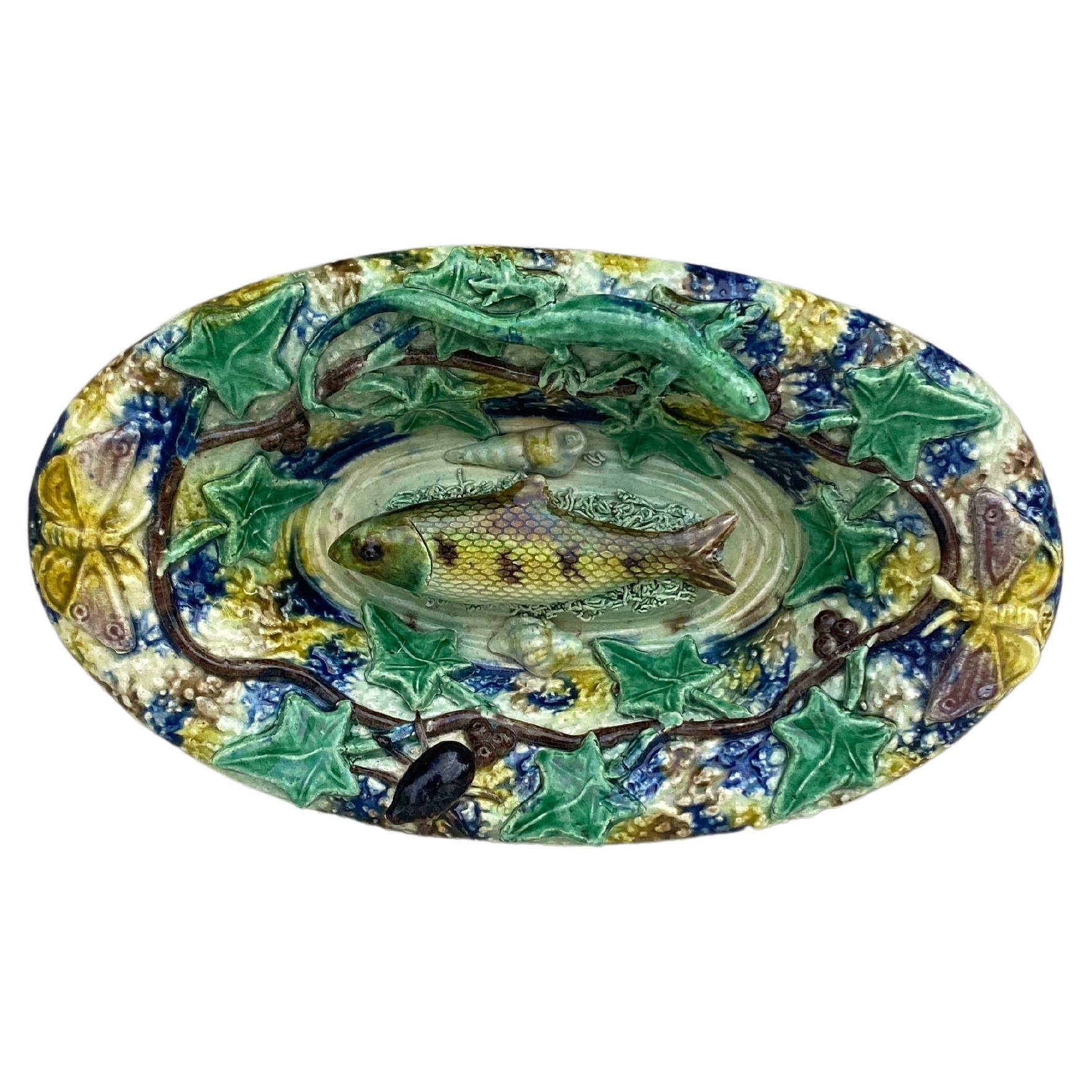 Small 19th Century Majolica Palissy Fish Wall Platter For Sale