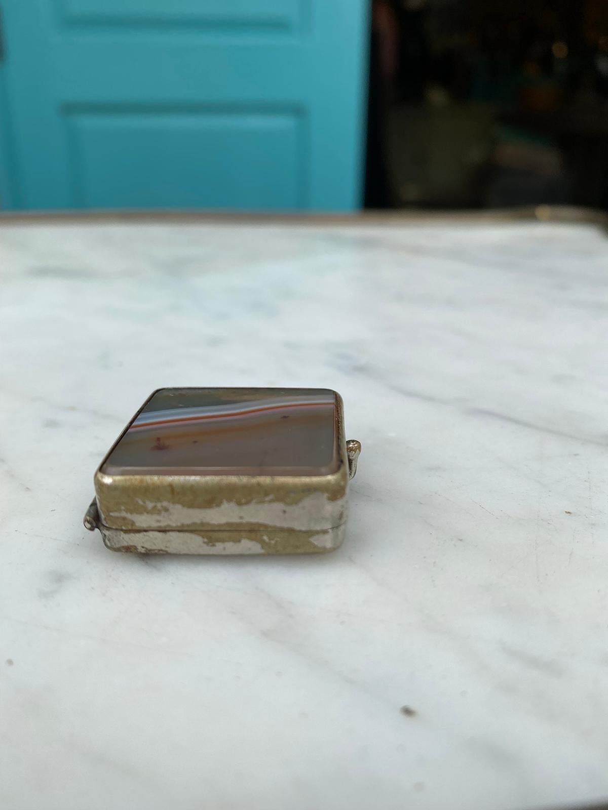 Small 19th Century Scottish Silver Plated Agate Pill Box or Stamp Box, Unmarked 3