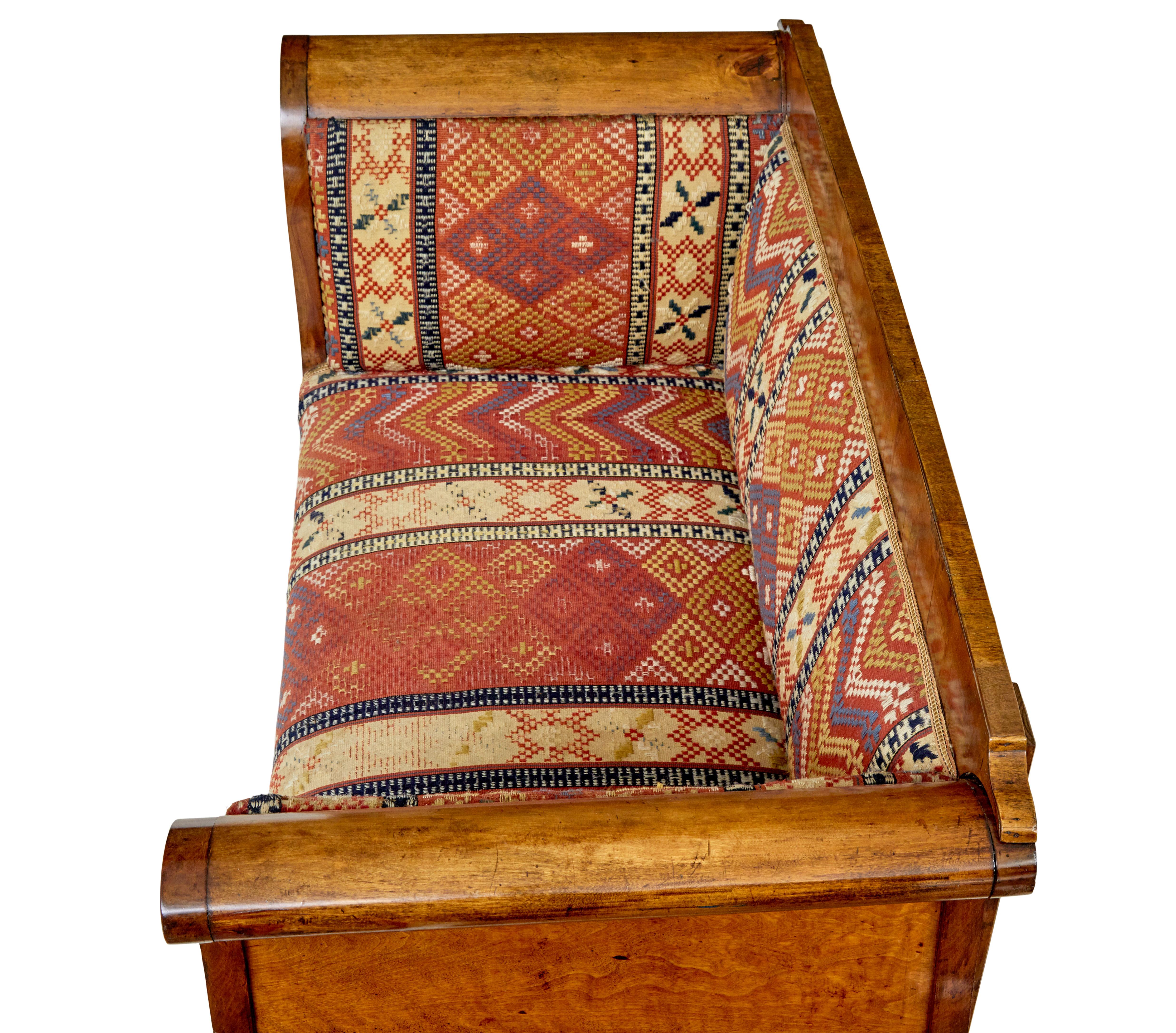 Small 19th century Swedish empire birch sofa circa 1860

Good quality Swedish empire period birch sofa upholstered in kalim woven fabric.

Small sofa or a very comfortable single chair, made in birch with scrolling rolltop arms and straight back