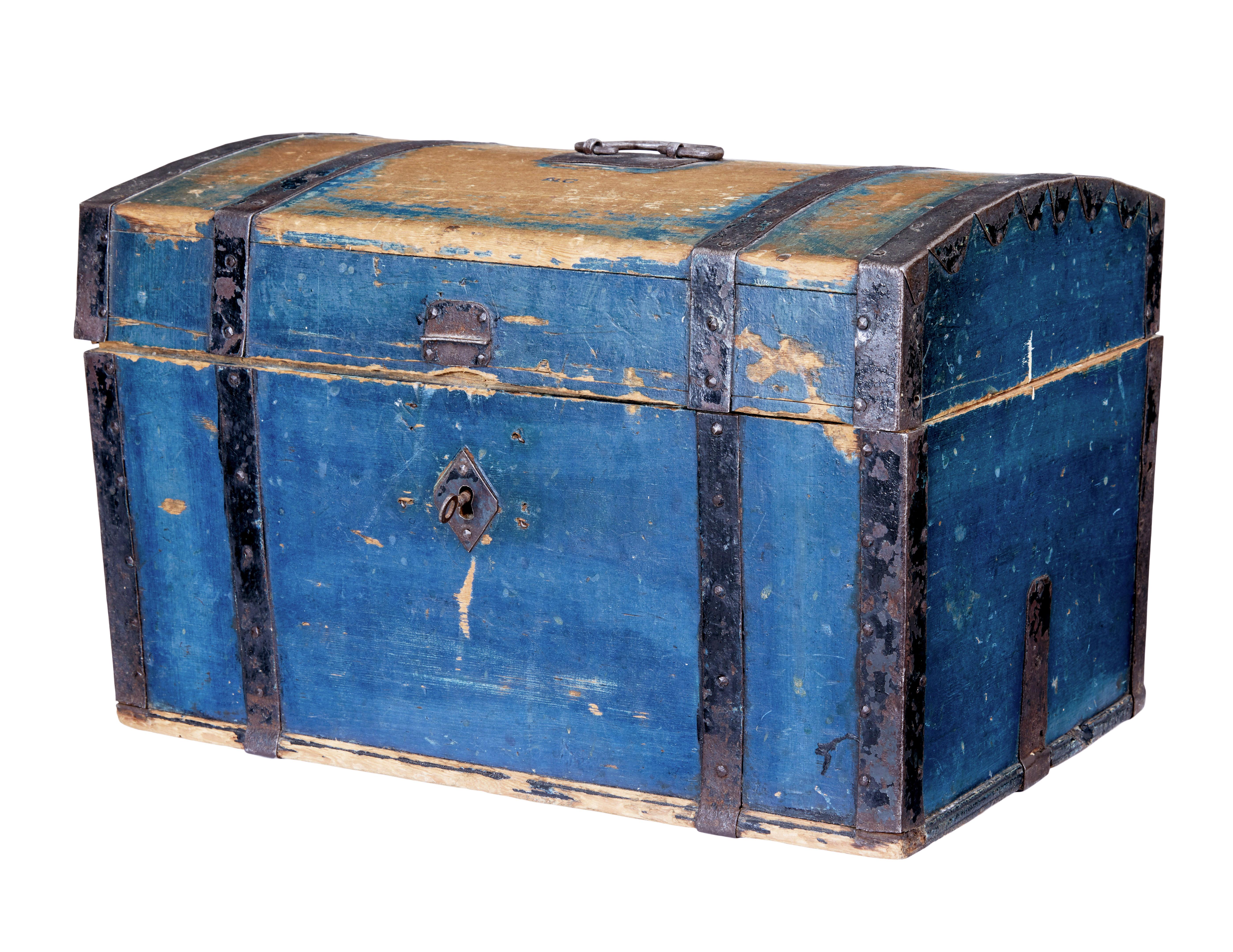 Small 19th century Swedish painted pine metal bound dome top box circa 1870.

Original painted dome top chest of small proportions.  Superb opportunity to own a decorative piece to store those memories.  Striking blue paint work with black painted