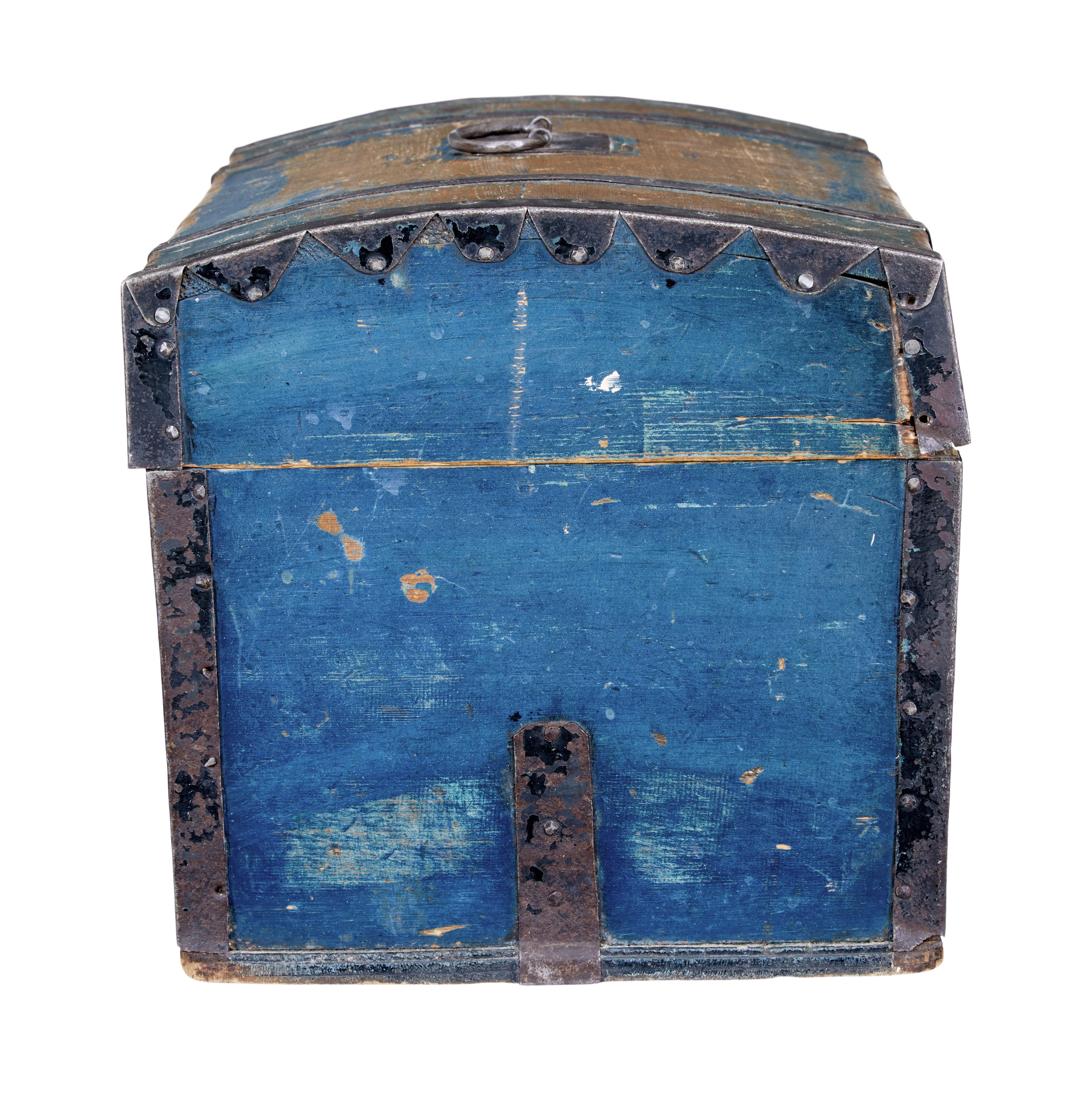 Rustic Small 19th Century Swedish Painted Pine Metal Bound Dome Top Box For Sale
