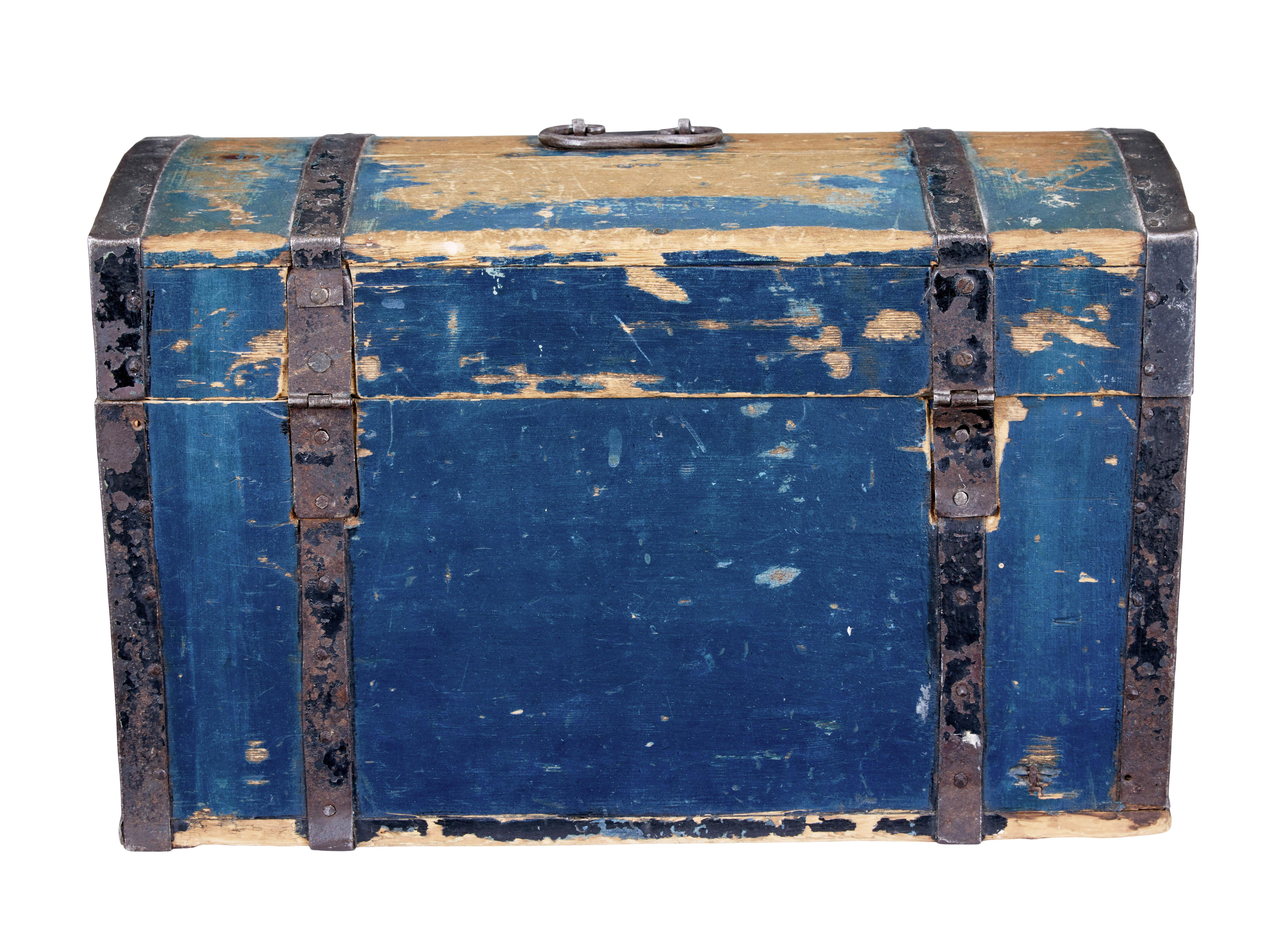Painted Small 19th century Swedish painted pine metal bound dome top box