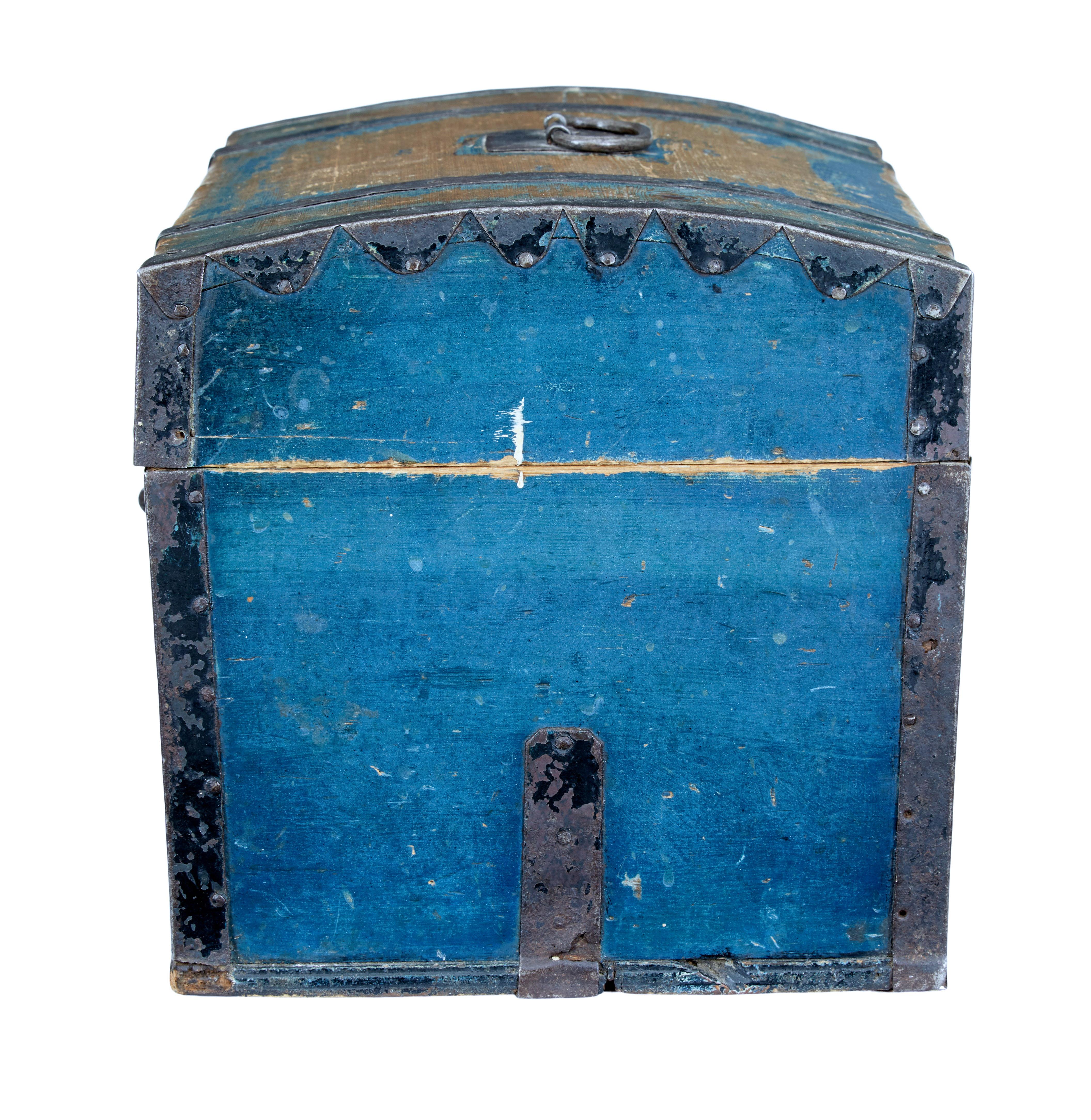 Rustic Small 19th Century Swedish Painted Pine Metal Bound Dome Top Box