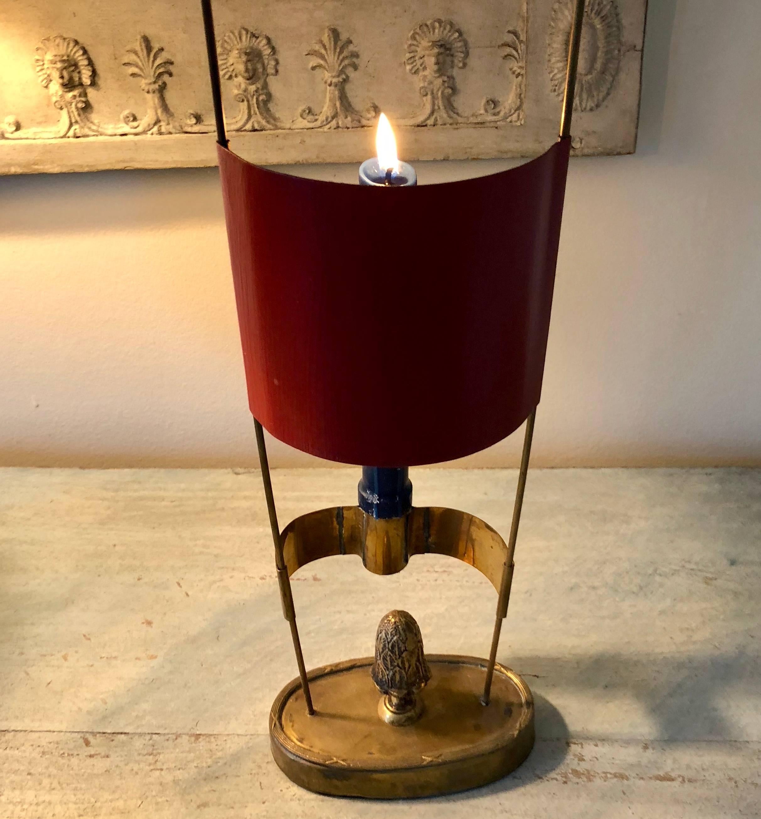 Louis XVI Small 19th Century Swedish Red Shade Brass Candlestick