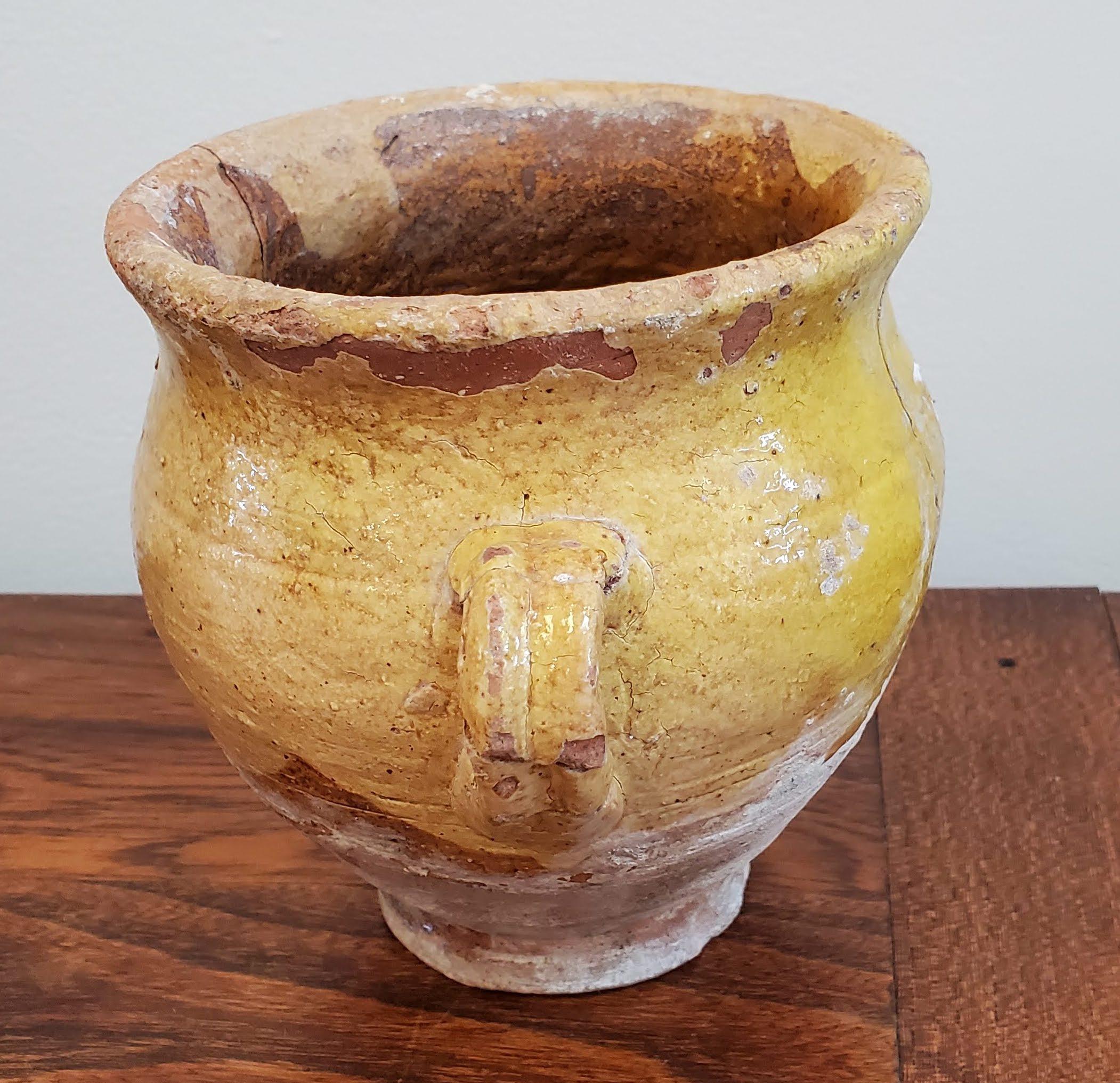 Terracotta Small 19th Century Yellow Glazed Terra Cotta French Provincial Confit Pot