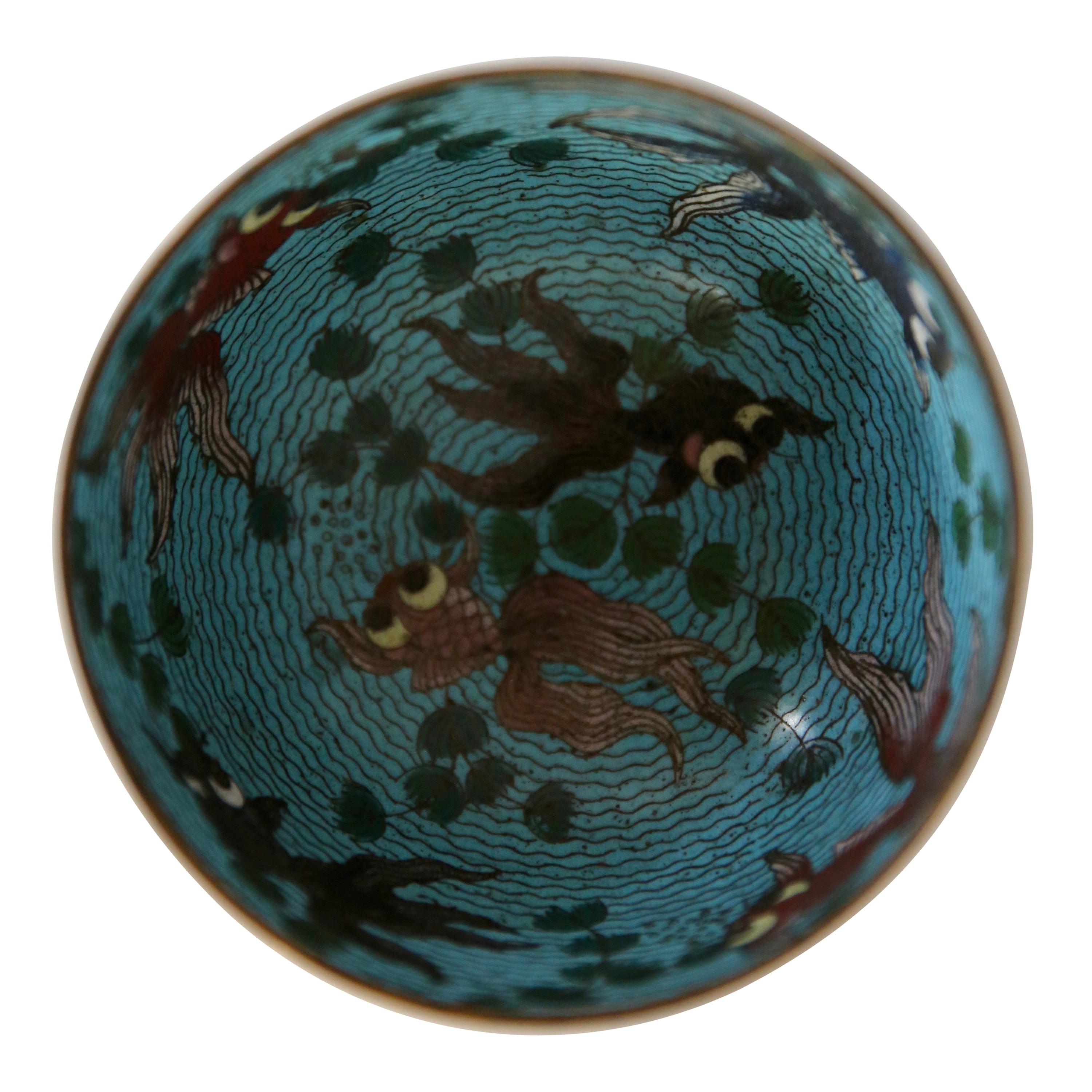 Precious 19th century bronze cloisonné bowl.
Beautiful decor and colors.
Red and black fishes in water decor inside.
Dimensions: 11.5 cm diameter x 6.5 cm H and 9.5 cm H with its wooden display.