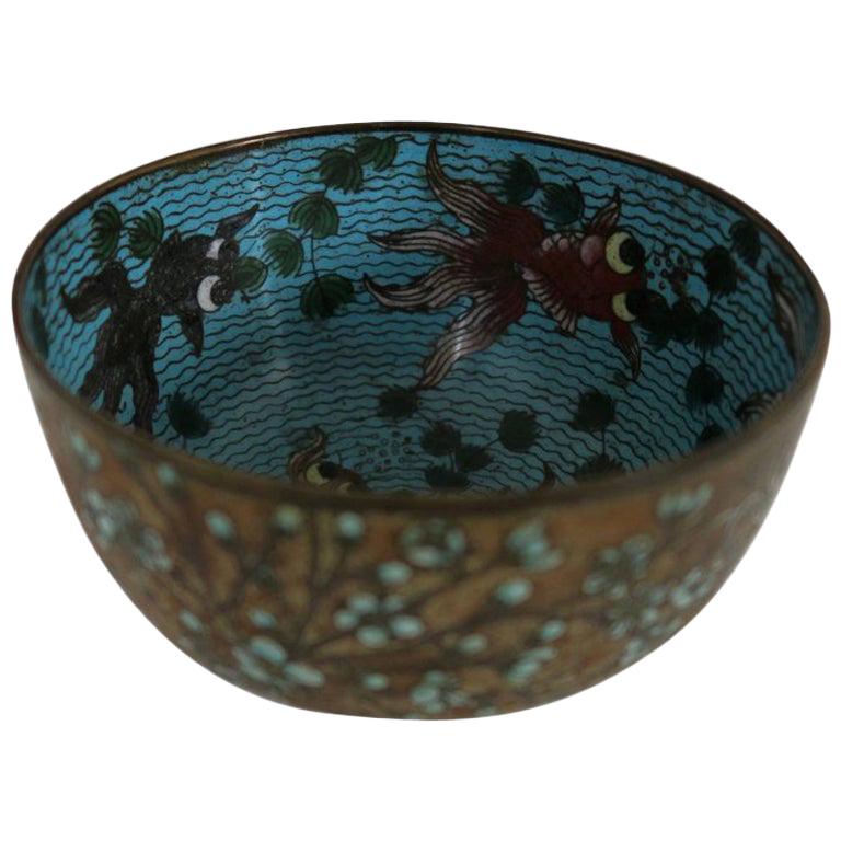 Small 19th Chinese Cloisonné Bowl with Fish Decor For Sale