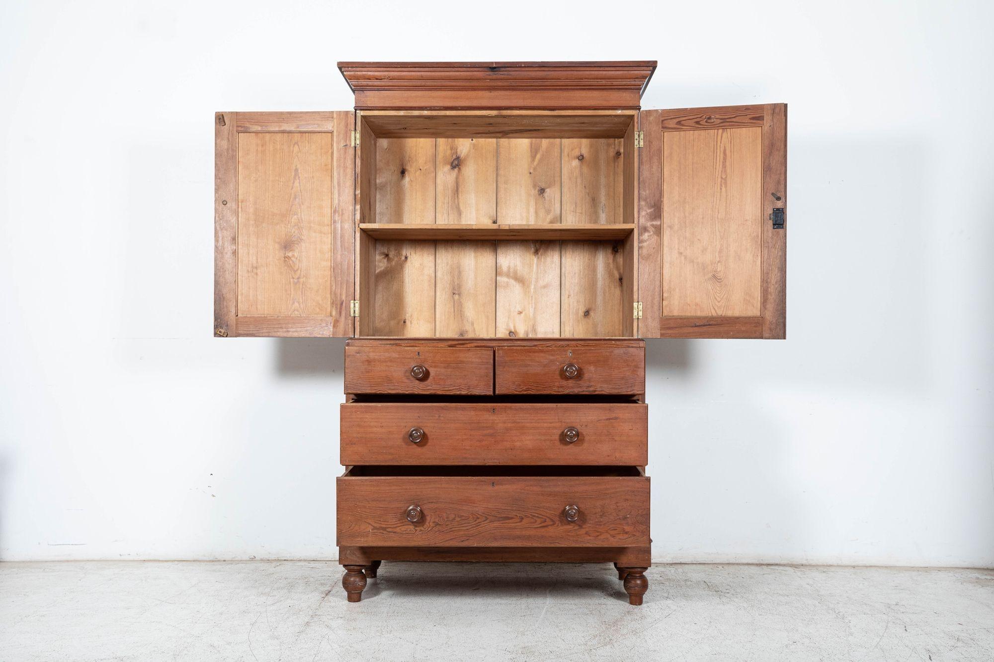 circa 1880
Small 19thC English Pine Linen Press
W124 x D56 x H213 cm
Base W121 x D54 x H104 cm
Top W124 x D56 x H109 cm.