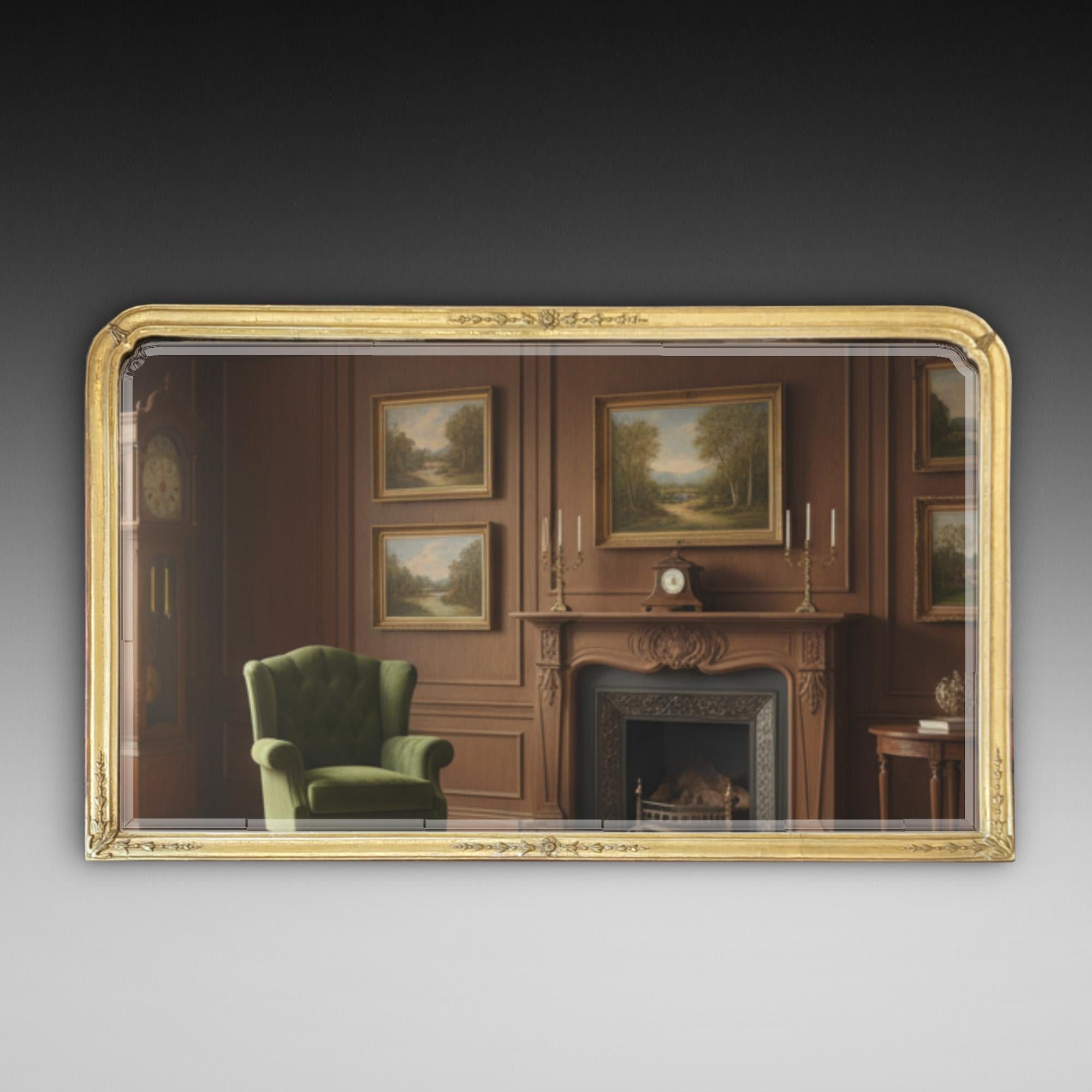 Small 19th century giltwood over mantle mirror with bellflower decoration and original bevelled mirror plate glass - 32