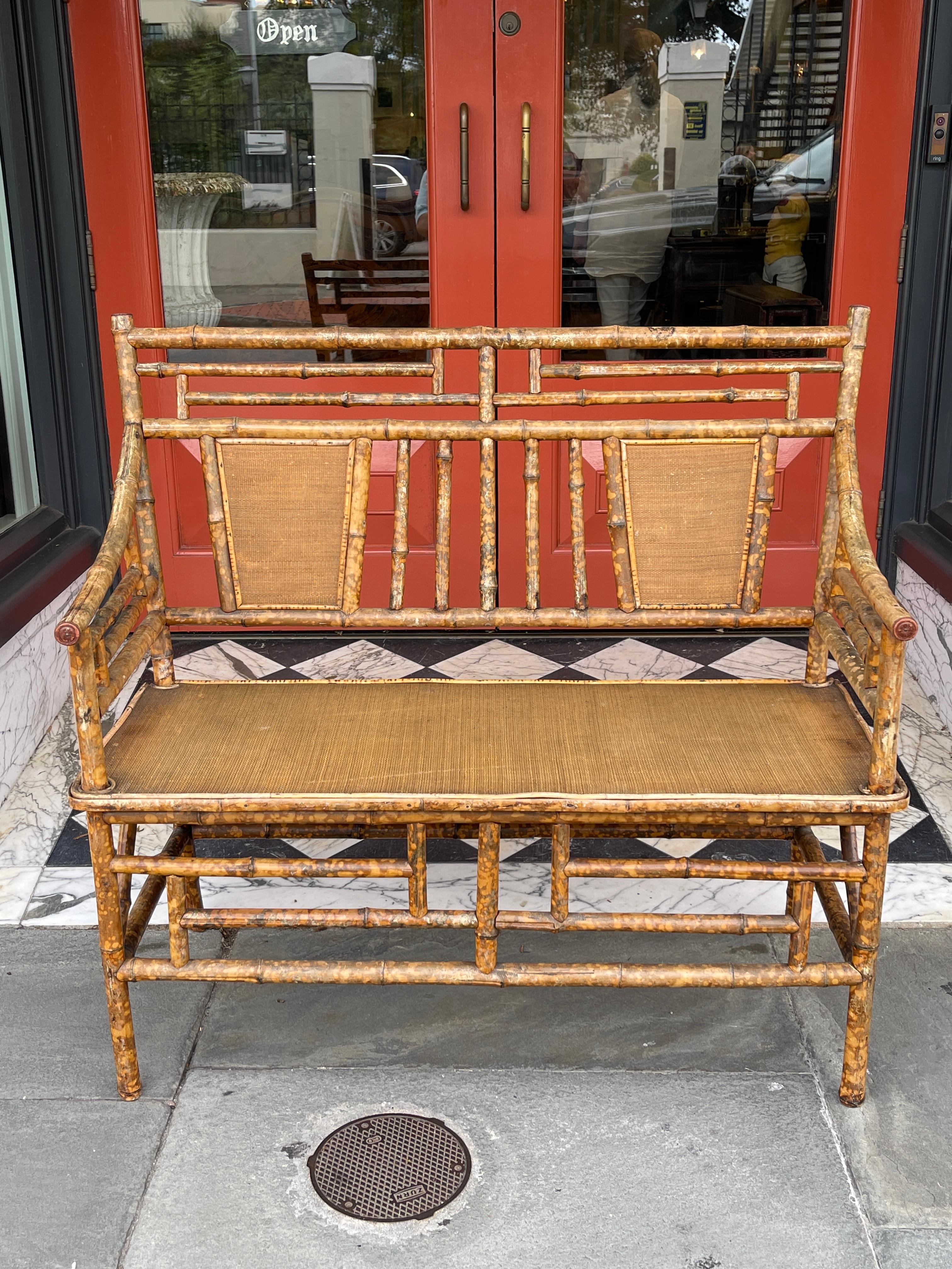 Small 20th Century Bamboo Bench with Rattan Seat In Good Condition In Charleston, SC