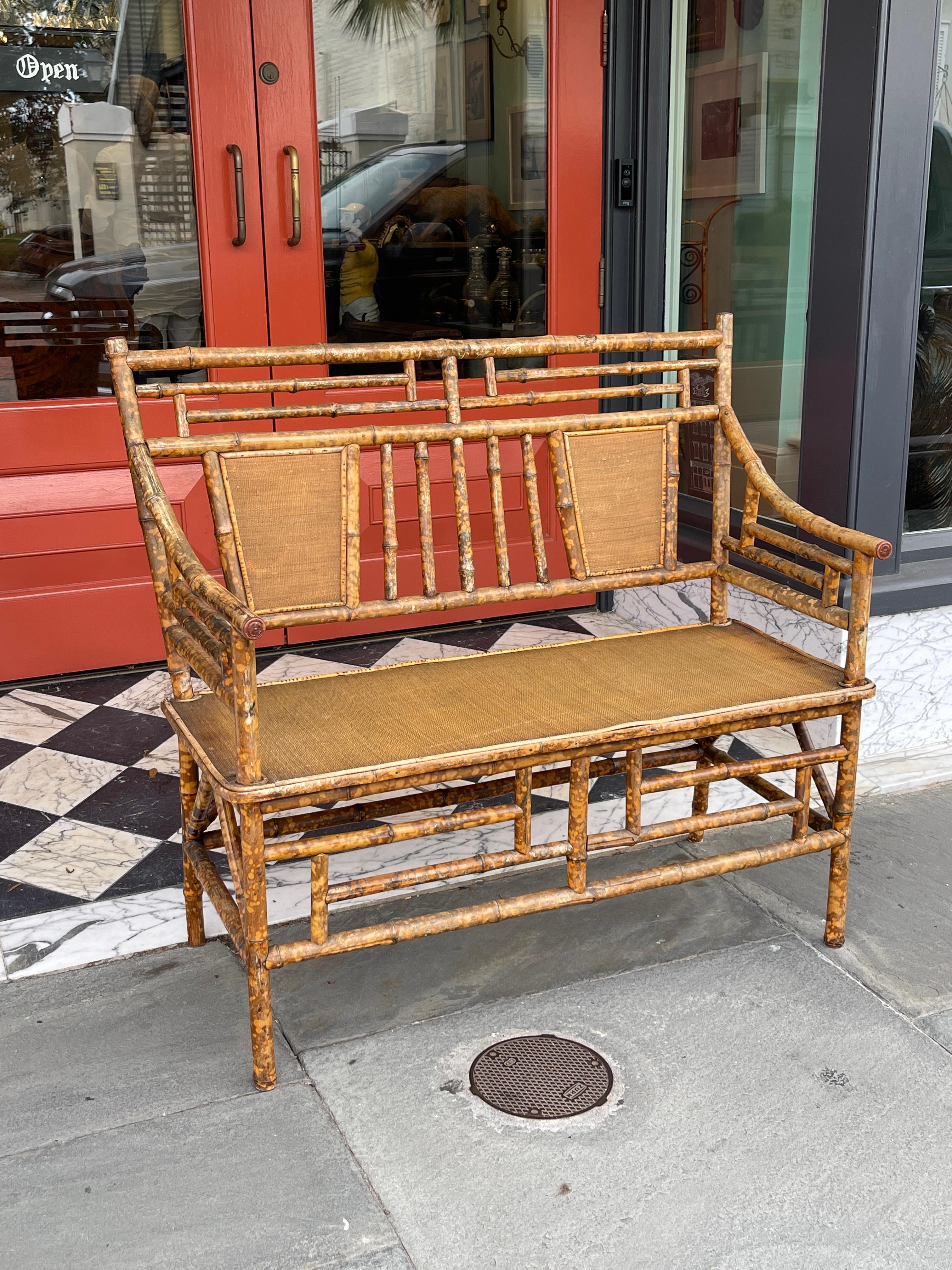 Small 20th Century Bamboo Bench with Rattan Seat 1