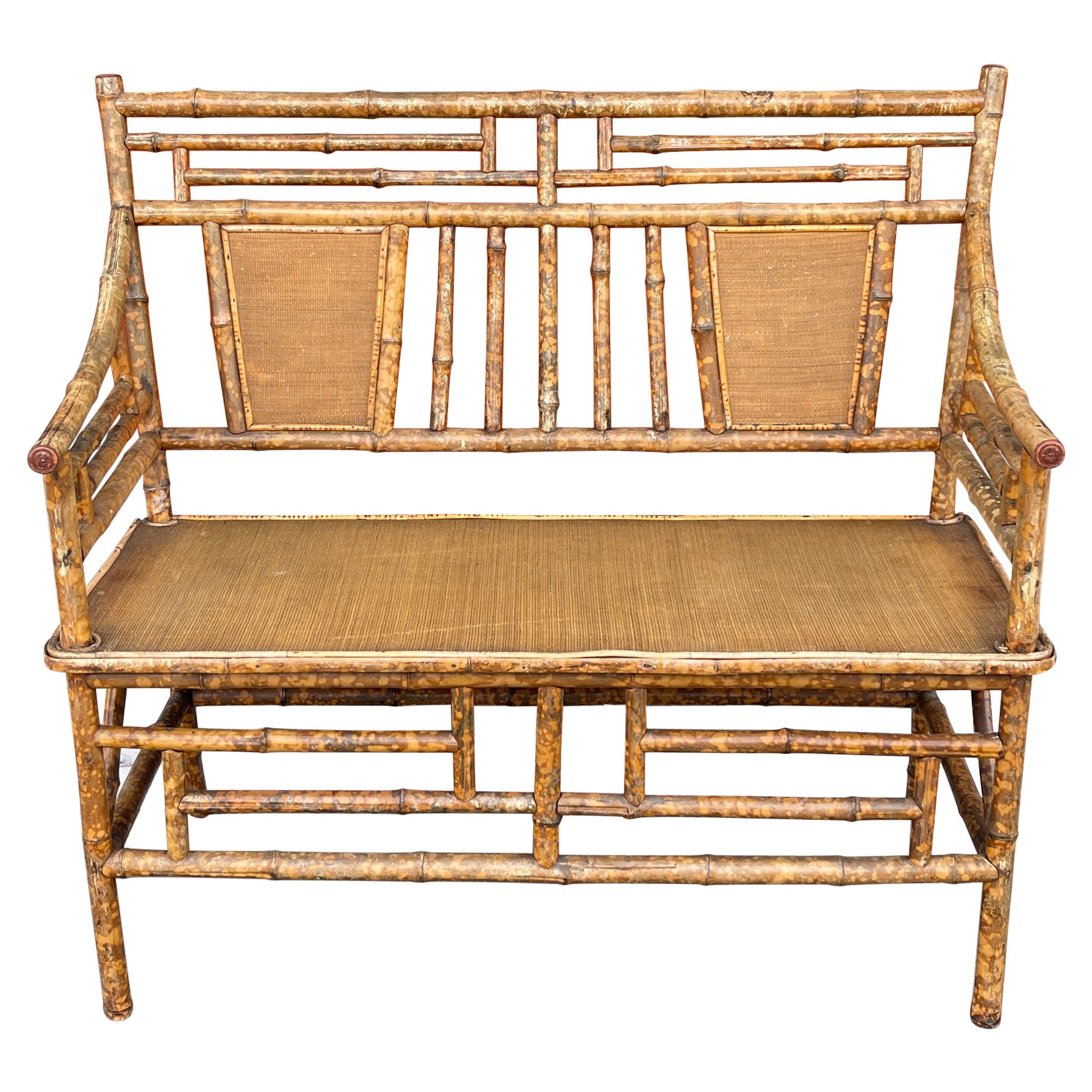 Small 20th Century Bamboo Bench with Rattan Seat