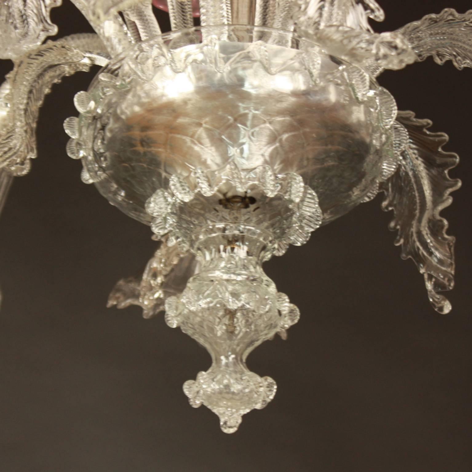 Murano Glass Small 20th Century Six-Light Murano Chandelier, Model Ca'rezzonico For Sale