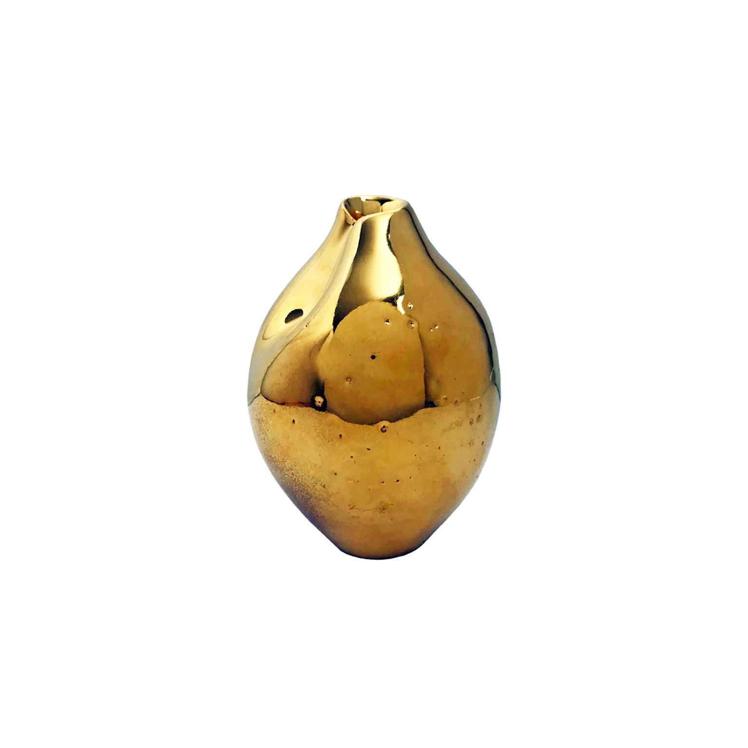 Small 22-Karat Gold Lustre Glaze Ceramic Vase #5 with Double Dent, Sandi Fellman