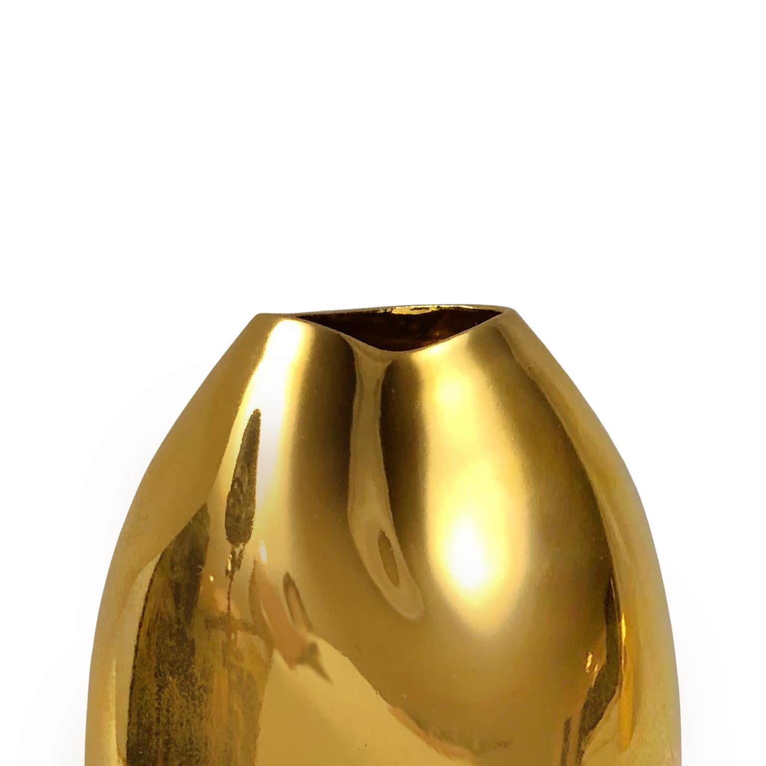 Small 22-karat gold lustre ceramic double dent vase #6 with oval mouth by Sandi Fellman, 2019.
