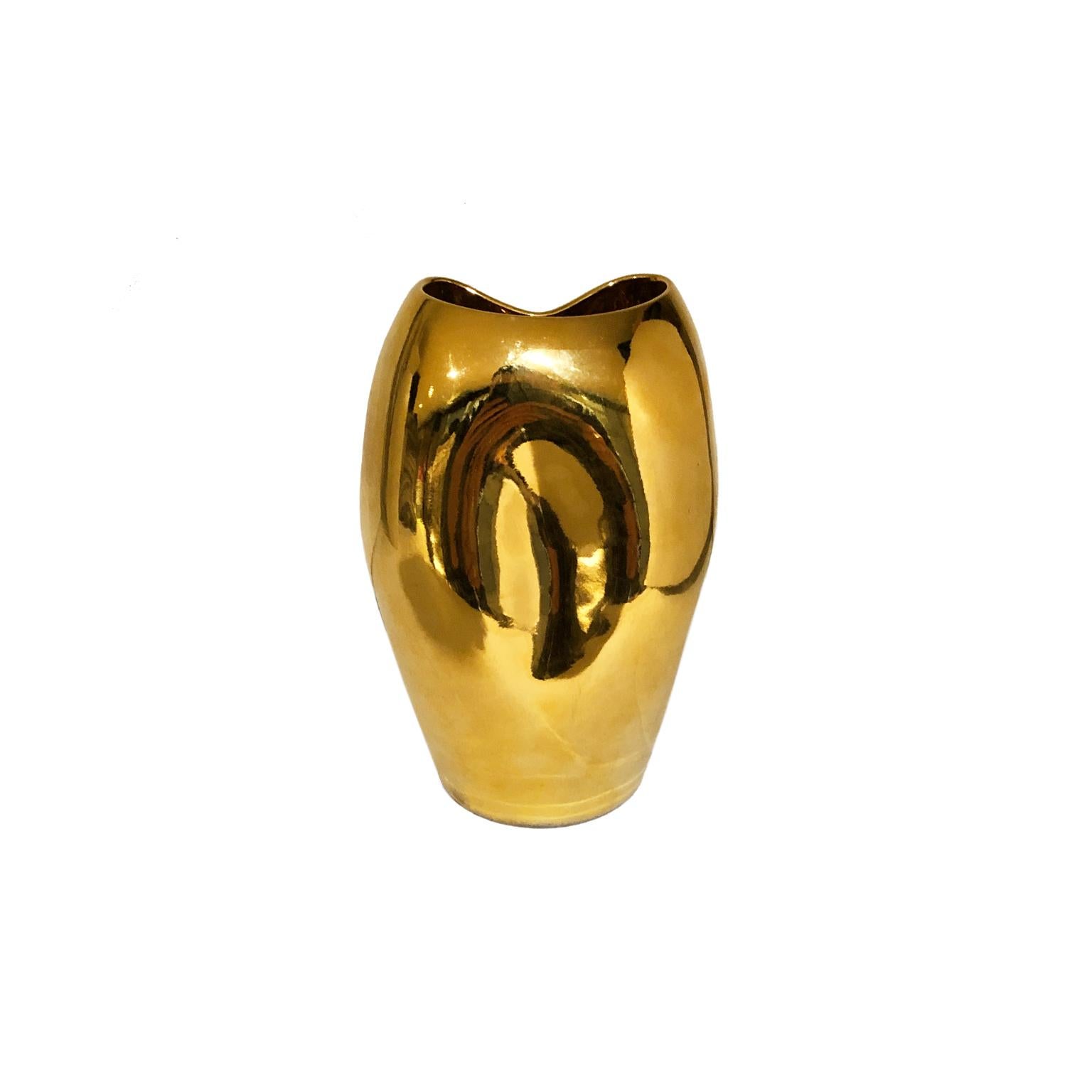 American Small 22K Gold Lustre Glaze Ceramic Vase #6 with Double Dent by Sandi Fellman