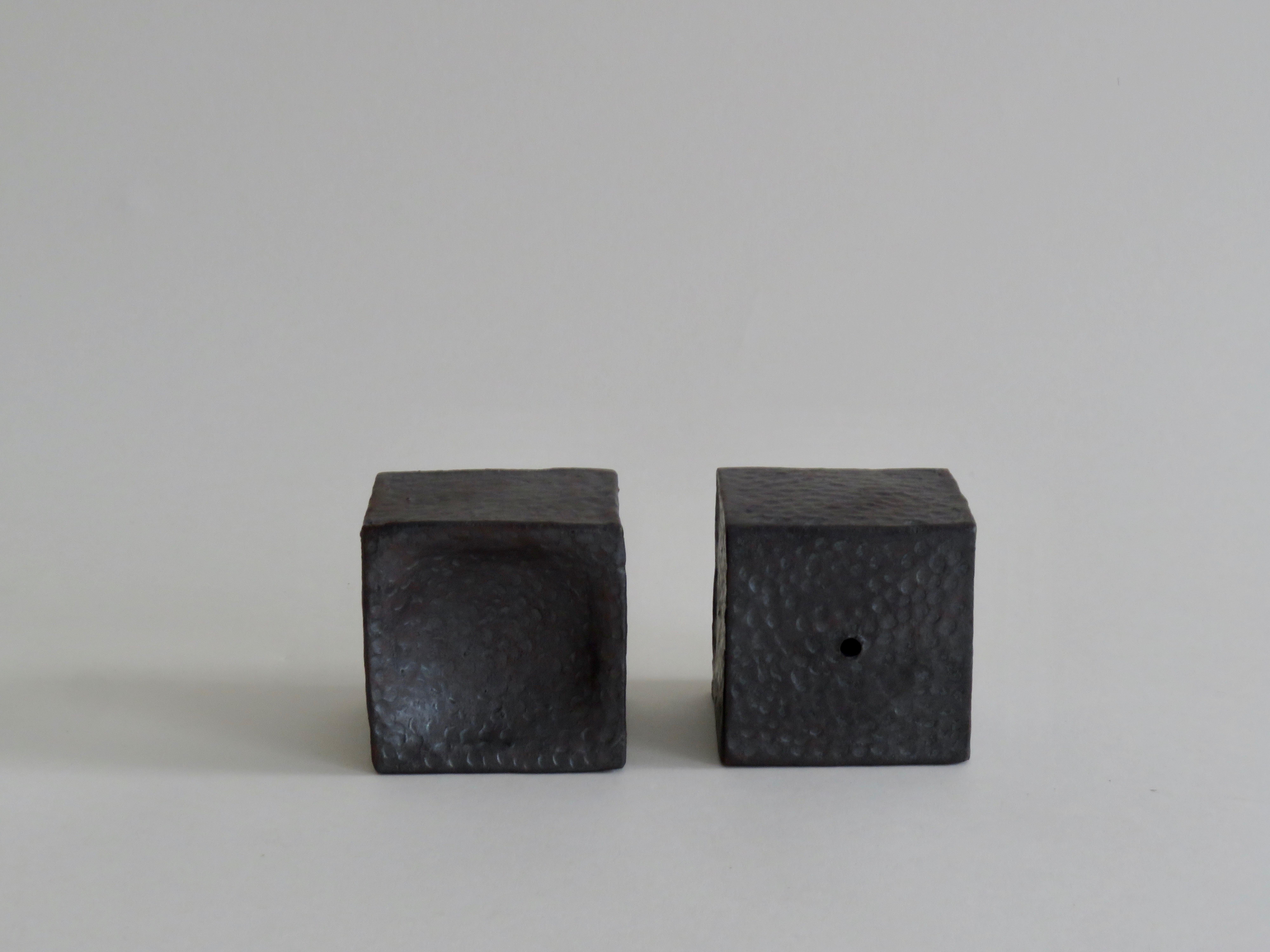 Small Ceramic Contemplation Cube, Mottled Surface in Metallic Black-Brown Glaze 1