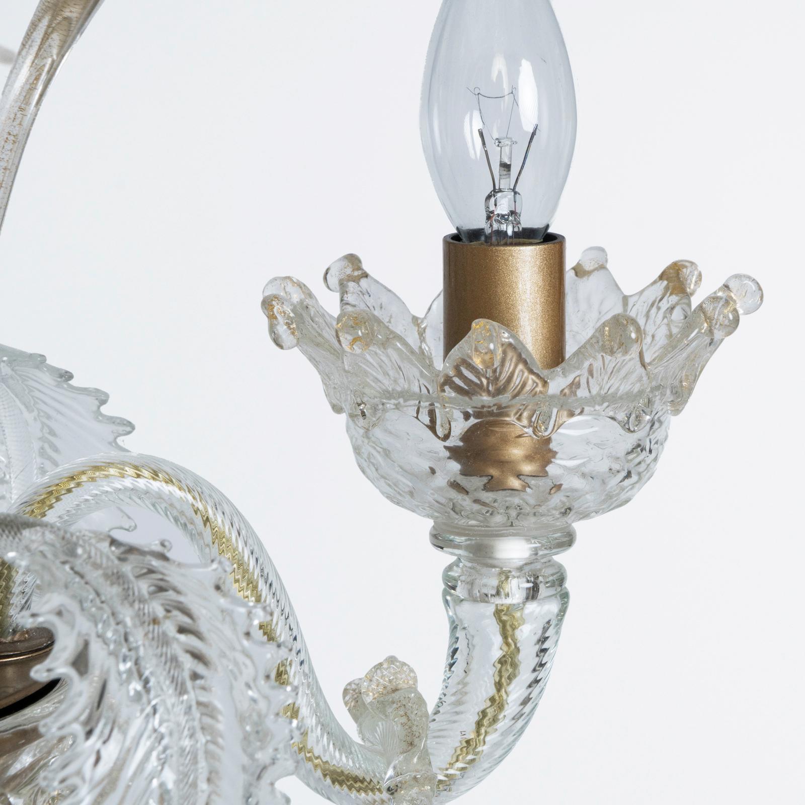 Hand-Crafted Small 3-Light Vintage Venetian Murano White and 14K Gold Glass Chandelier For Sale