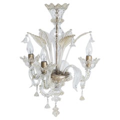 Petit lustre vénitien de Murano vintage à 3 lumières en verre blanc et or 14 carats