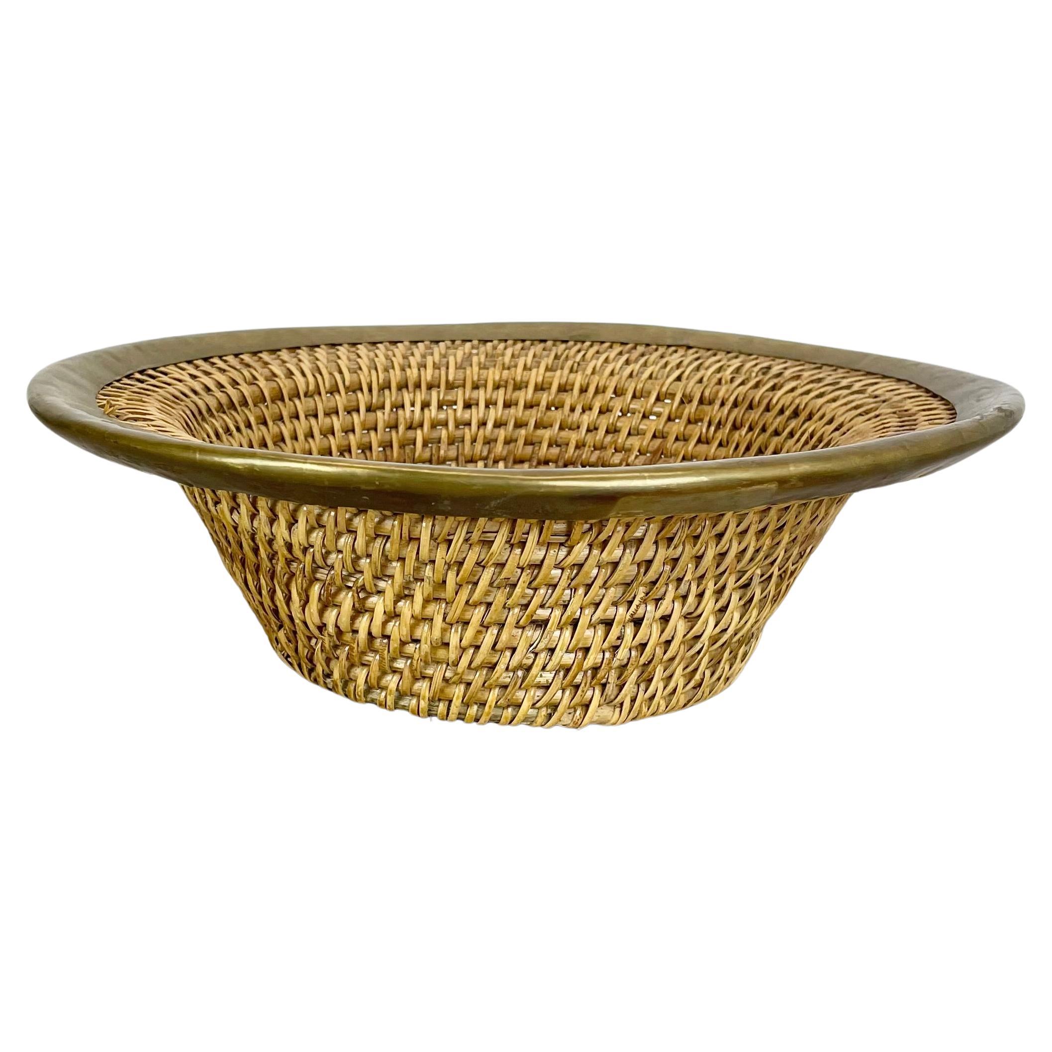 small 30cm Rattan and Brass Bowl element  in Albini Style, Italy, 1970s