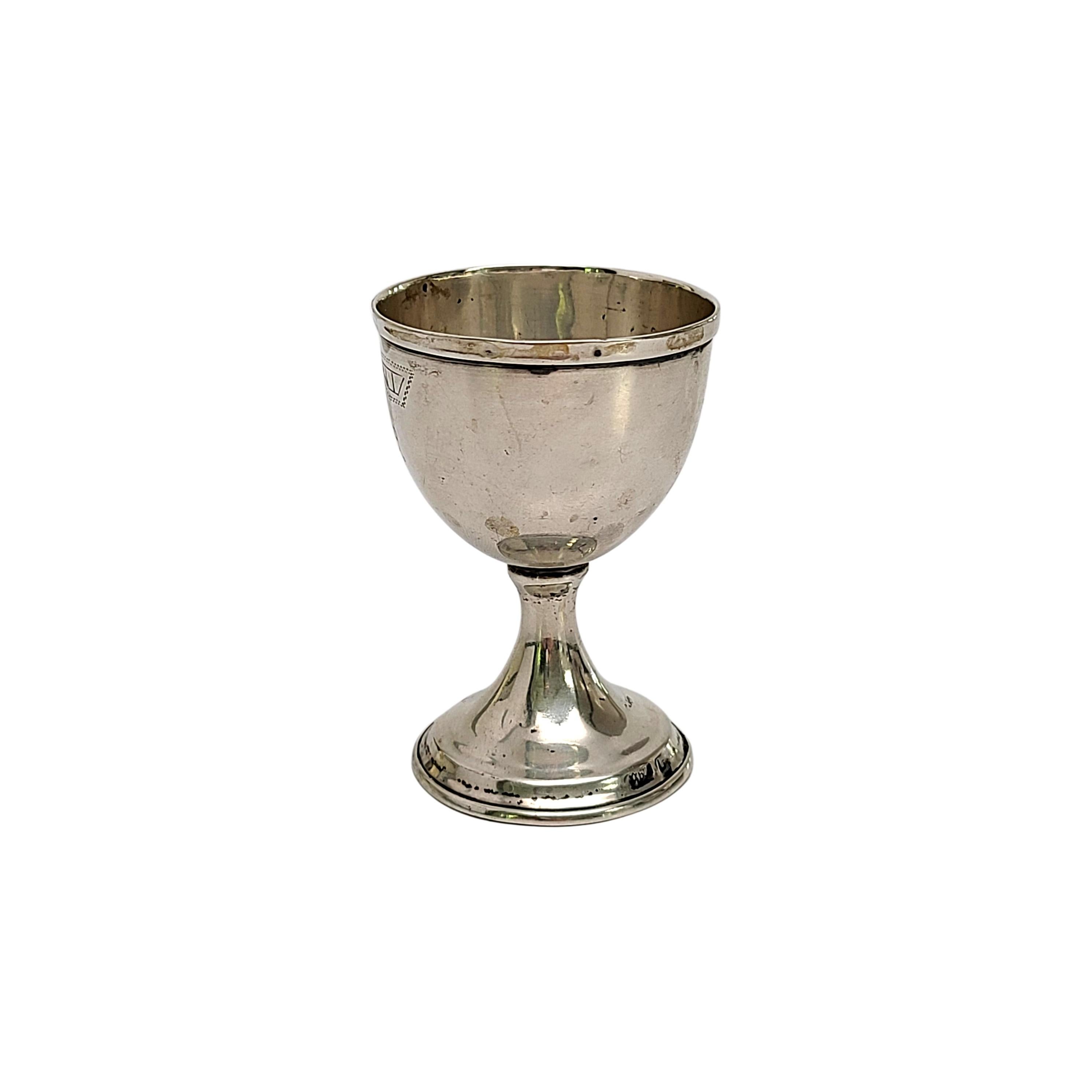 800 silver kiddush cup.

Small goblet with etched design and engraved with Hebrew letters.

Measures 2 1/2