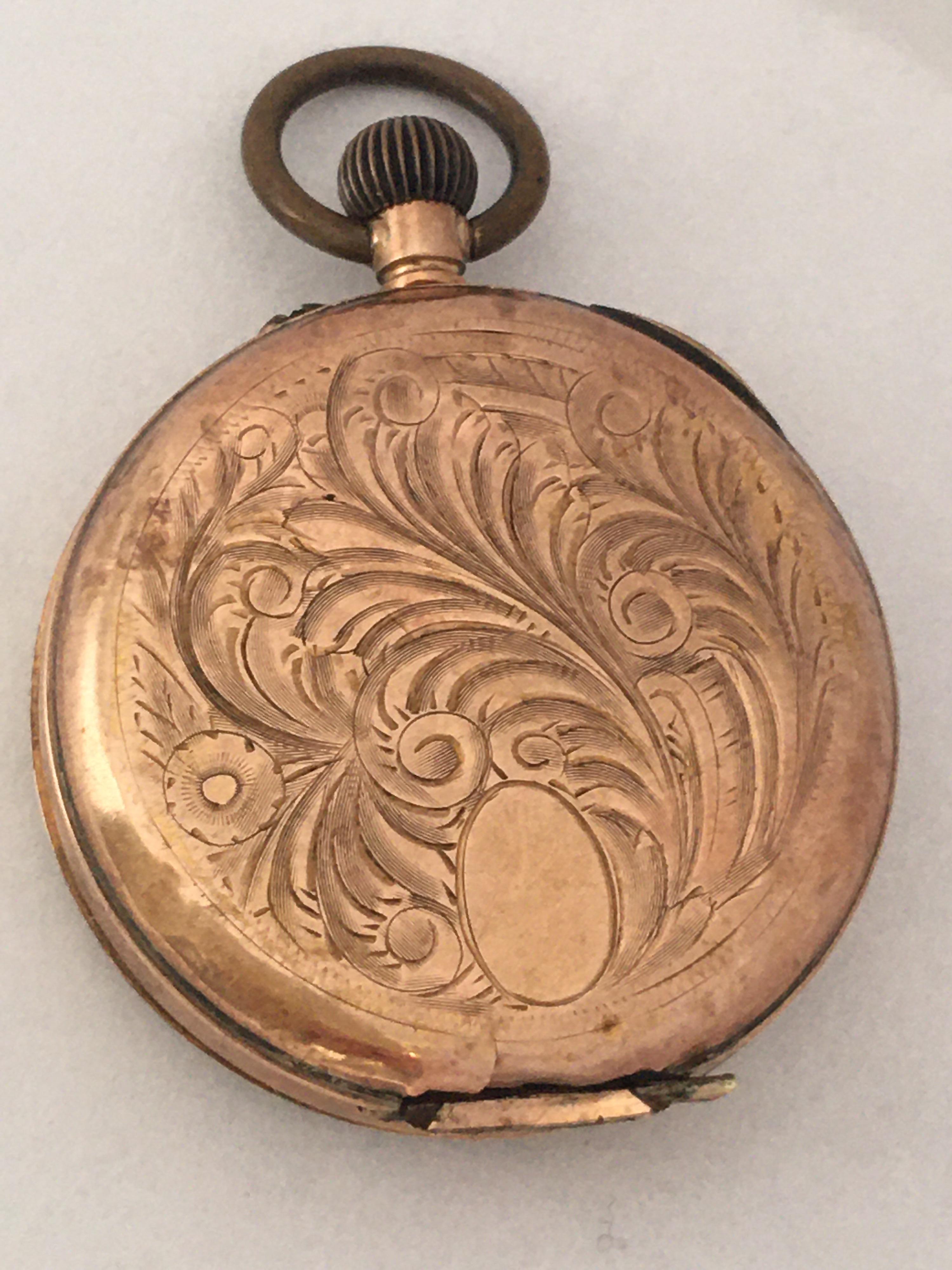 This beautiful 33mm diameter antique gold hand-winding ladies Fob watch is working but it keep stopping. Visible signs of ageing and wear with light tiny dents and scratches on the gold watch case. The hinges on the back cover case is broken as