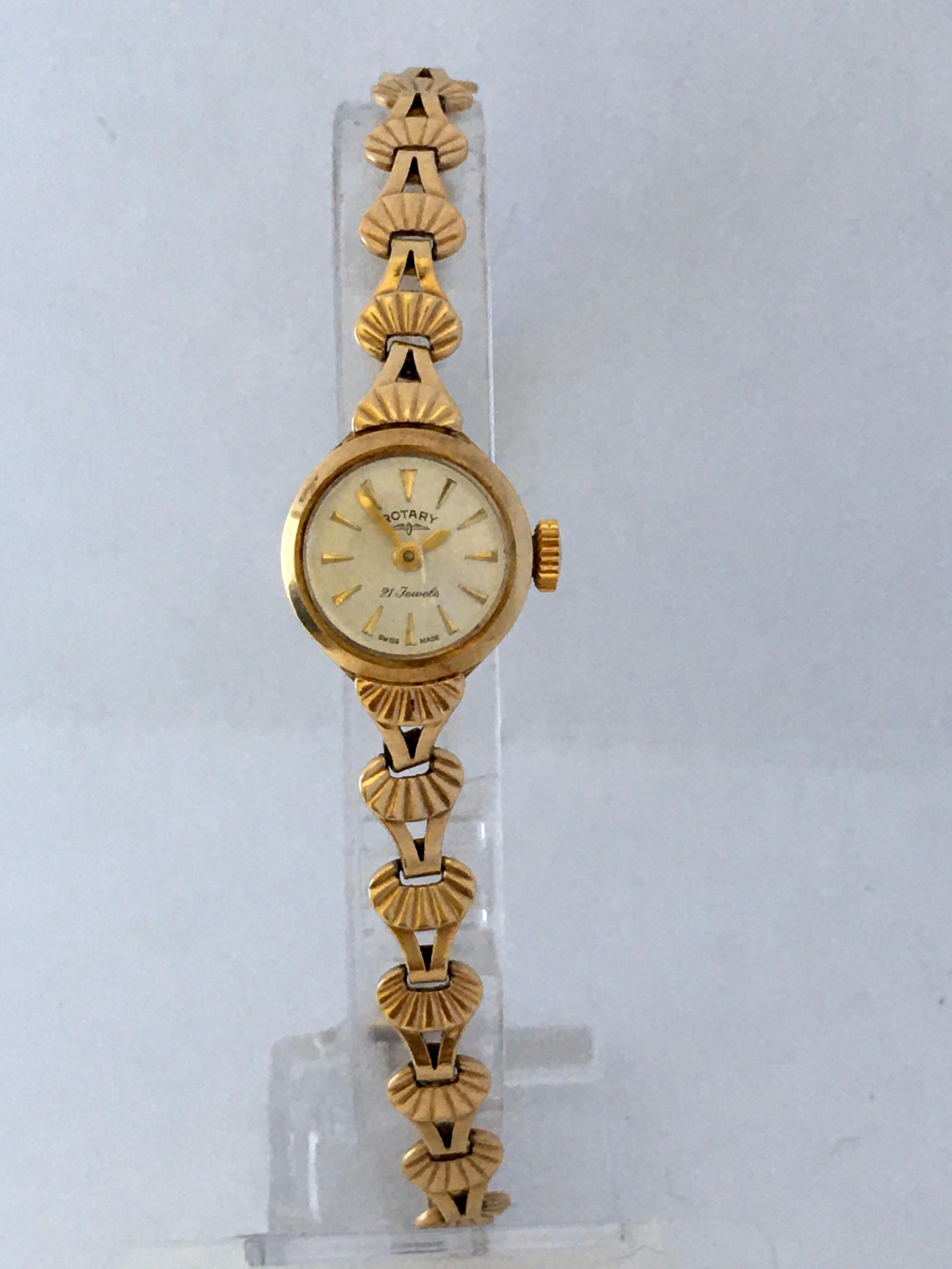 This beautiful and small pre-owned vintage hand winding gold watch is work is in good working condition and it is keeping a good time. Visible signs of ageing and gentle wear with light tiny surface marks on watch case as shown. Its beautiful 7