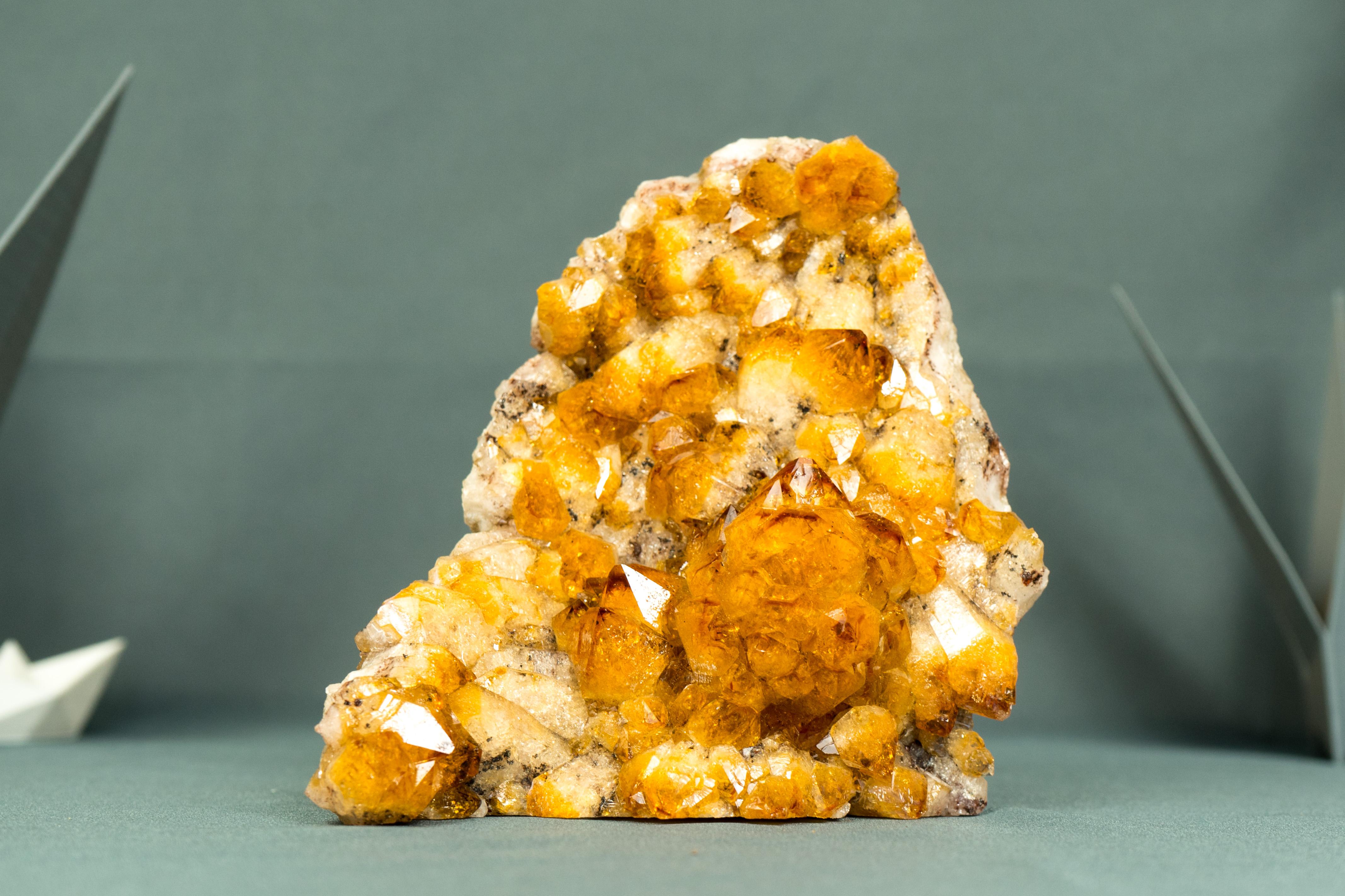 AAA Citrine Cluster with Madeira Citrine Druzy and a Perfect, Intact Citrine Flower Rosette—Rarely Seen

▫️ Description

Discover this rare, self-standing AAA Citrine Cluster featuring a vibrant golden orange citrine druzy and a perfect, intact