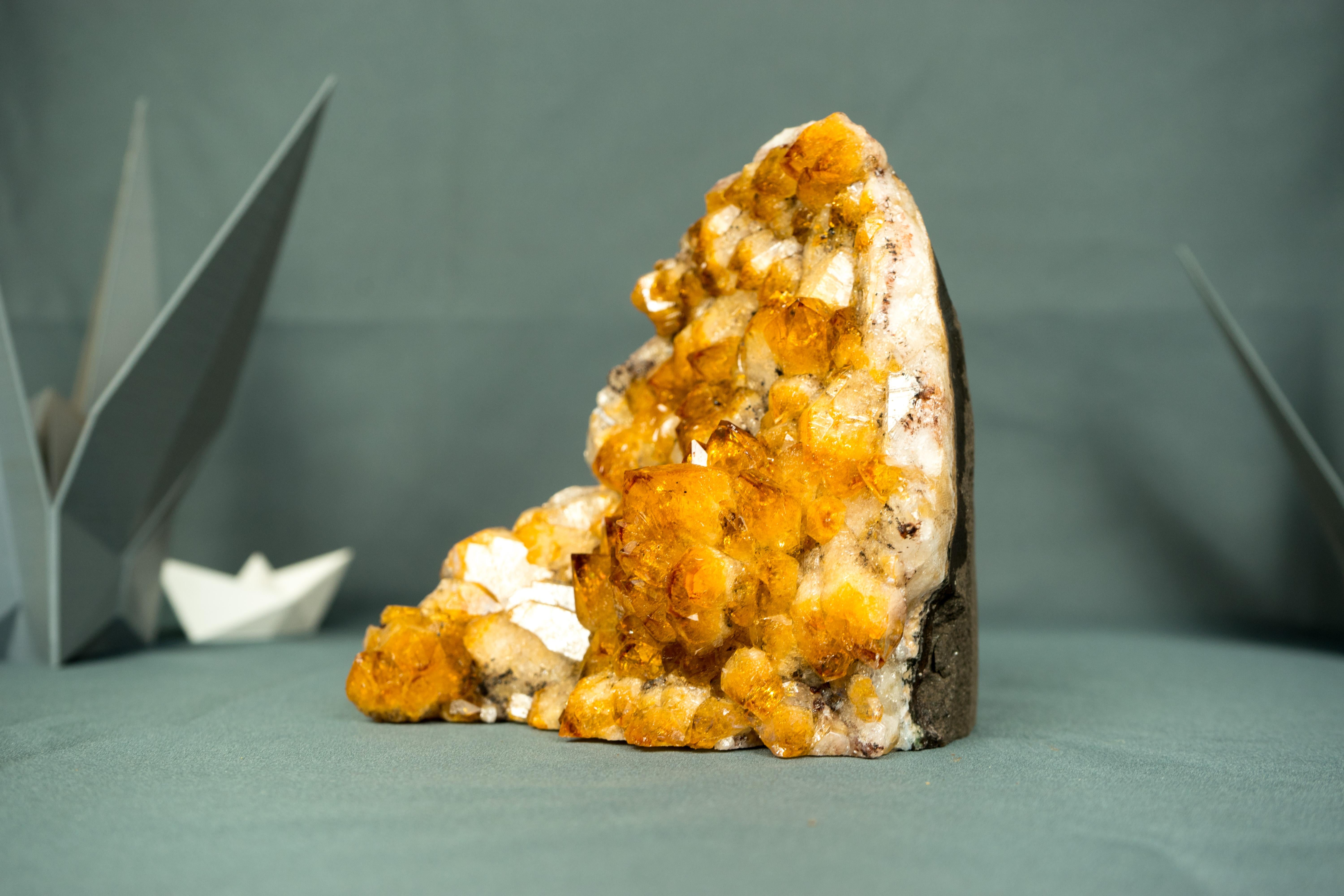 Brazilian Small AAA Citrine Cluster with Sparkly Golden Orange Druzy & Rare Intact Flower For Sale