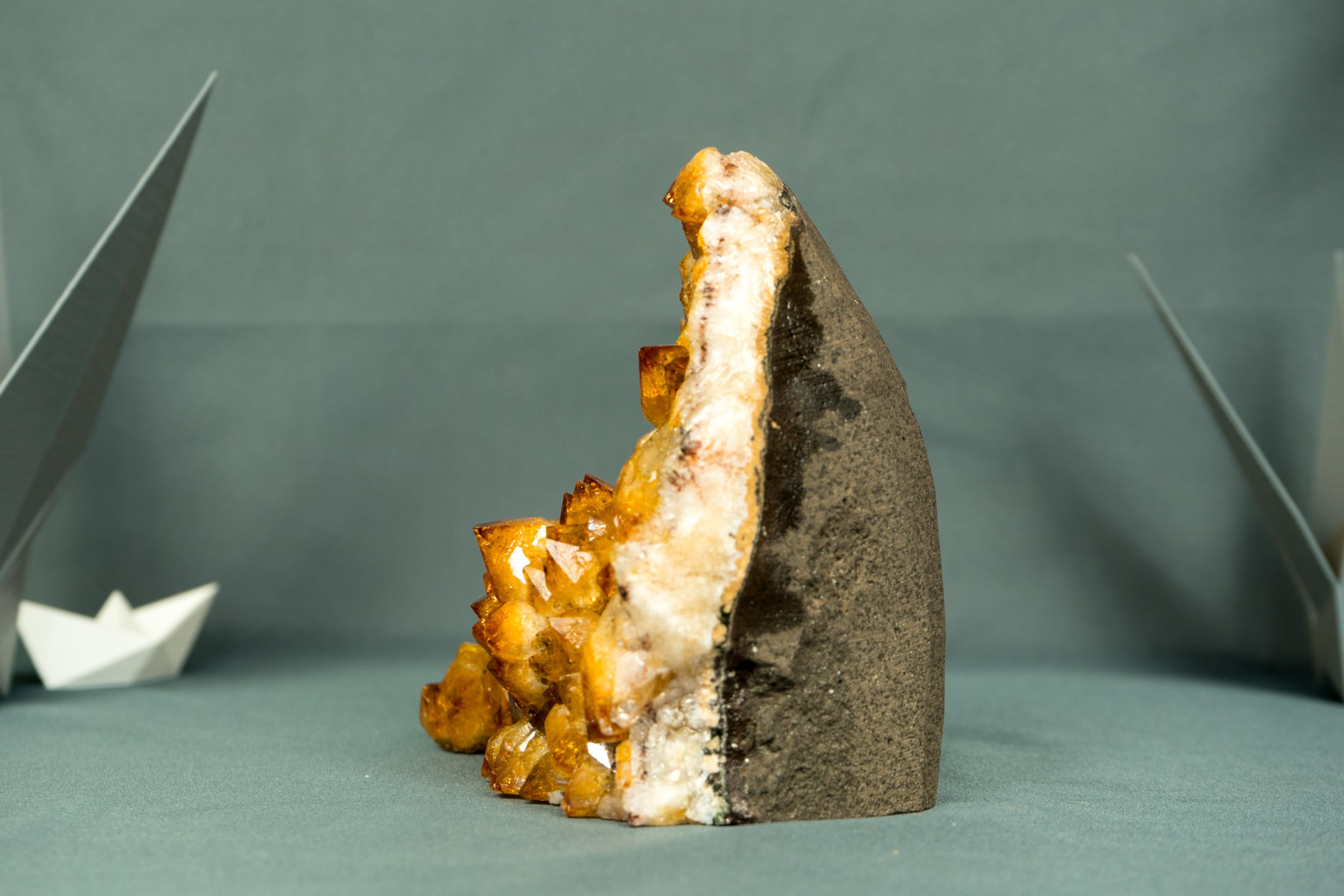 Contemporary Small AAA Citrine Cluster with Sparkly Golden Orange Druzy & Rare Intact Flower For Sale