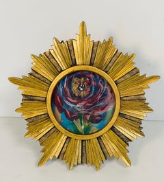Kleines abstraktes Blumengemälde in einem Sunburst-Rahmen