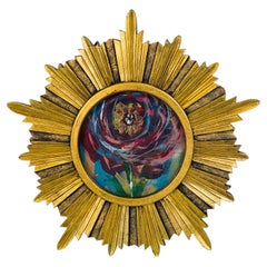Kleines abstraktes Blumengemälde in einem Sunburst-Rahmen