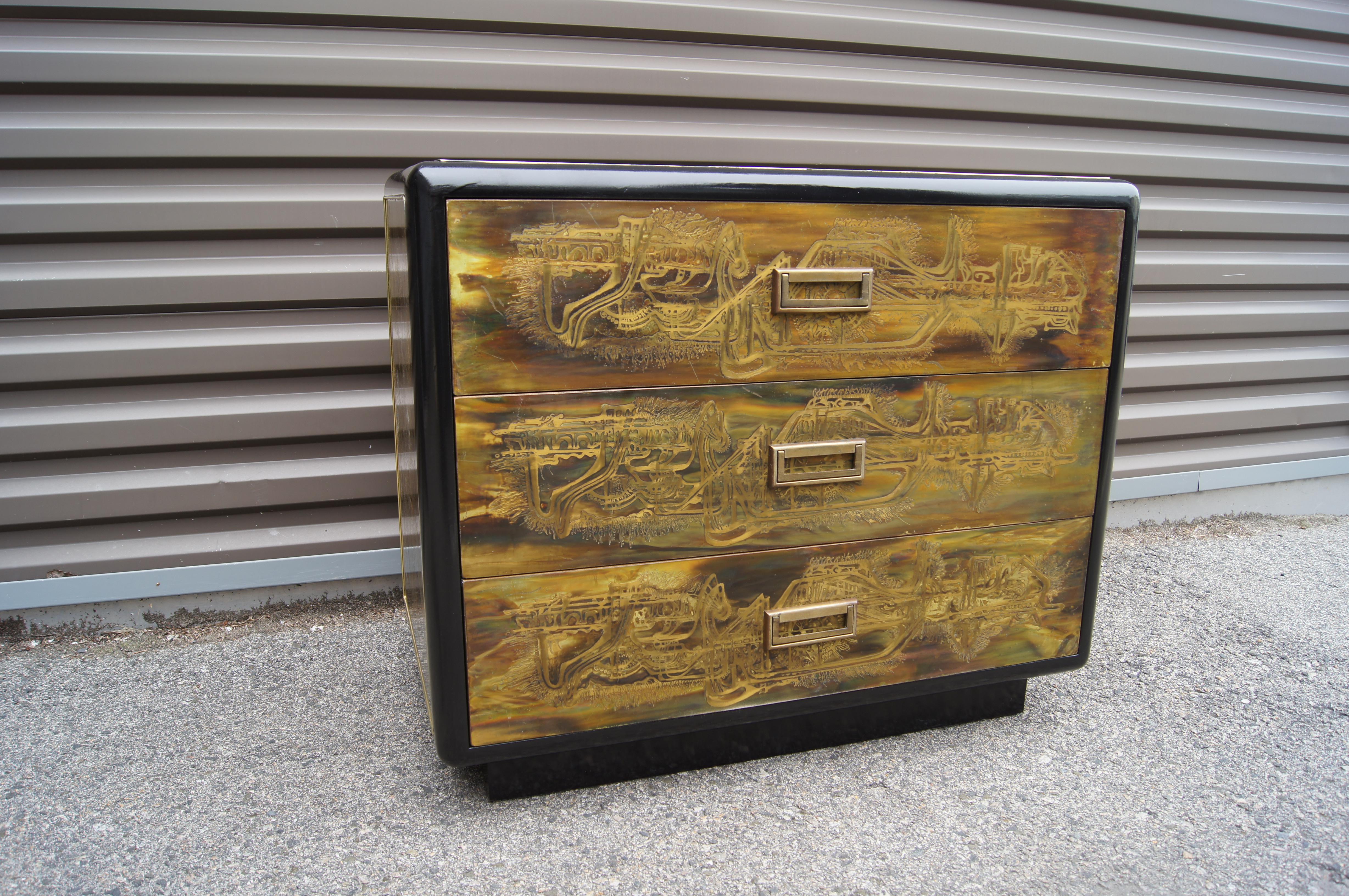 American Small Acid-Etched Brass Chest of Drawers by Bernhard Rohne for Mastercraft For Sale