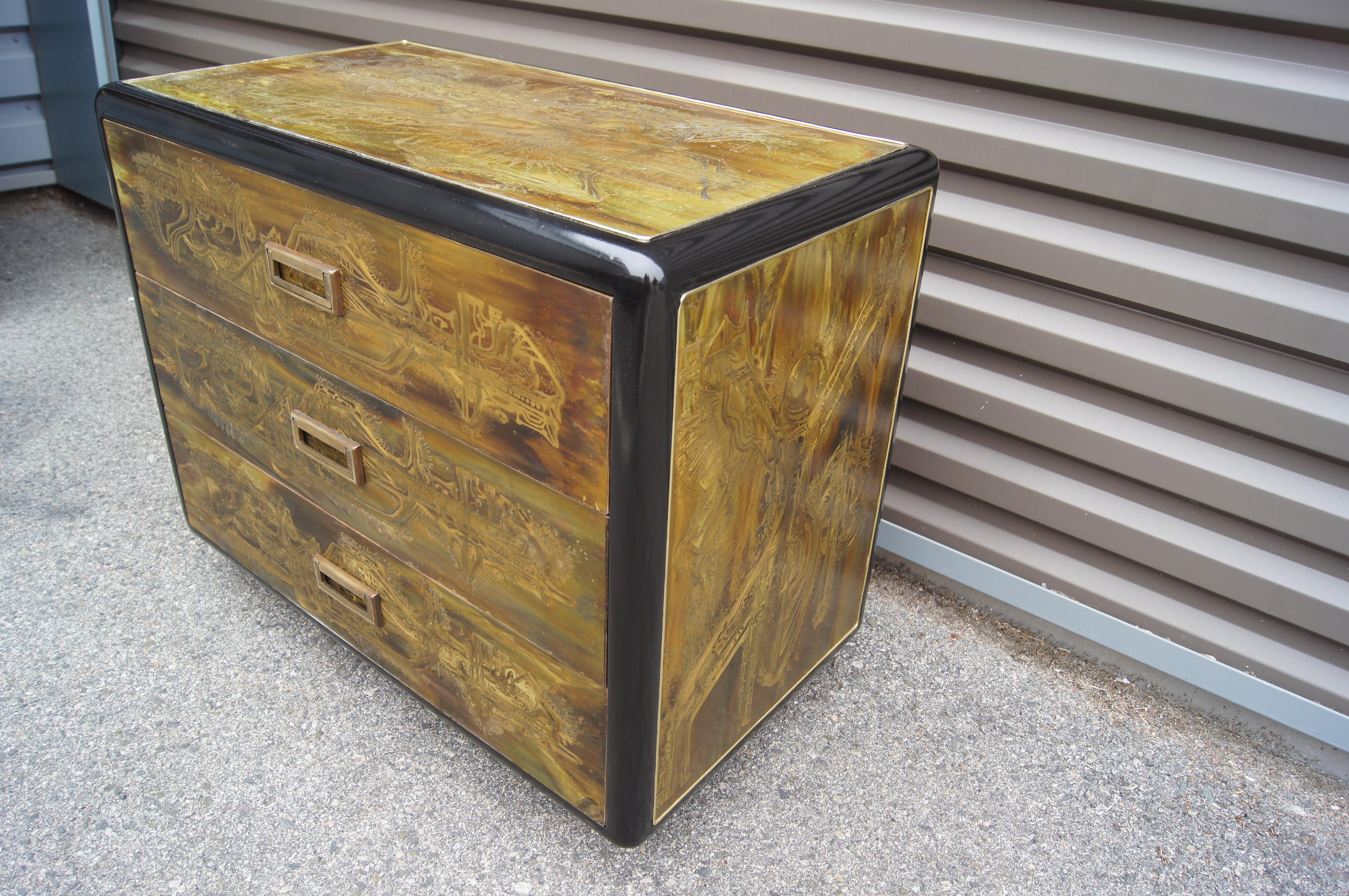 Small Acid-Etched Brass Chest of Drawers by Bernhard Rohne for Mastercraft In Good Condition For Sale In Dorchester, MA