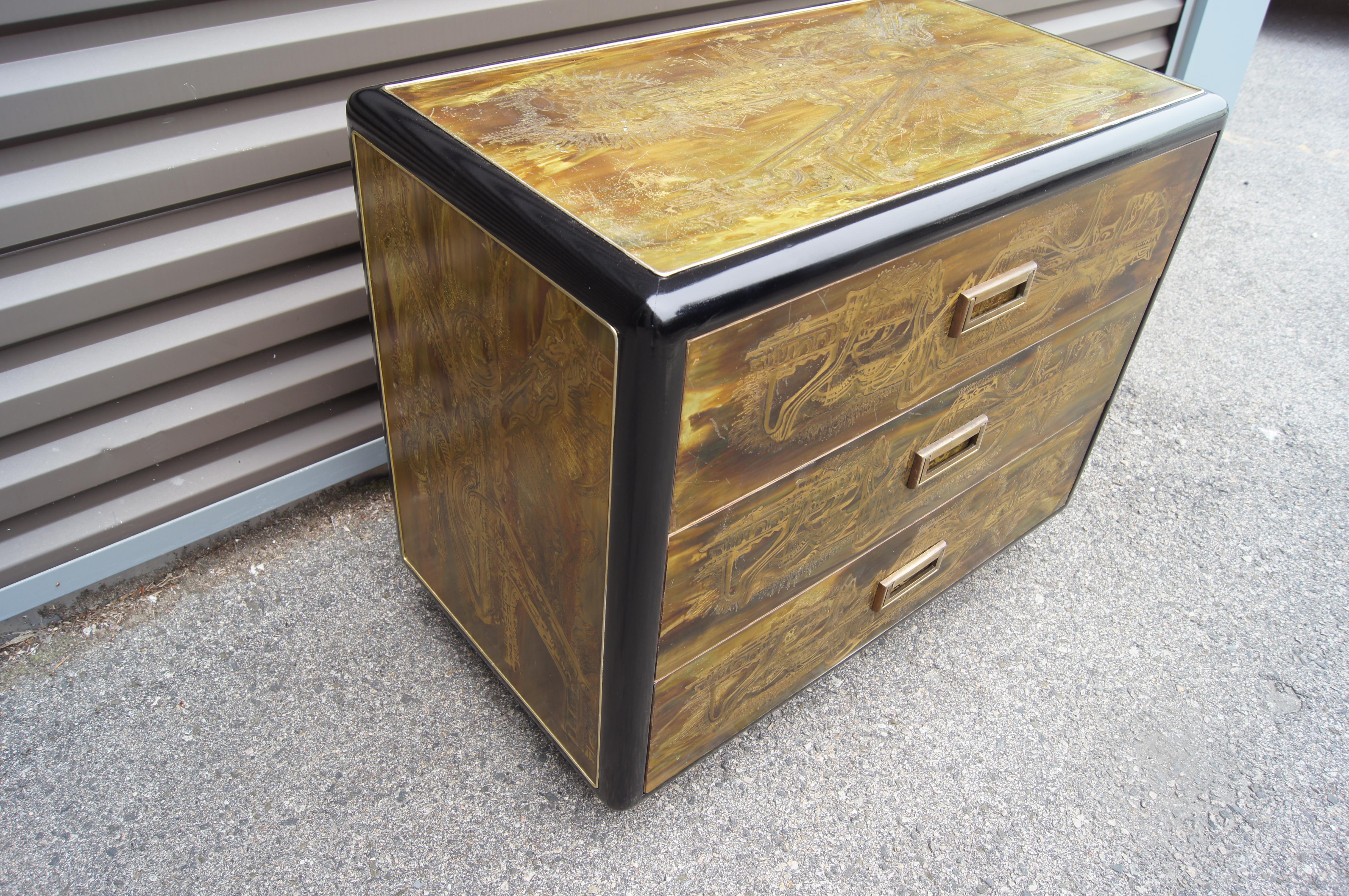 Late 20th Century Small Acid-Etched Brass Chest of Drawers by Bernhard Rohne for Mastercraft For Sale