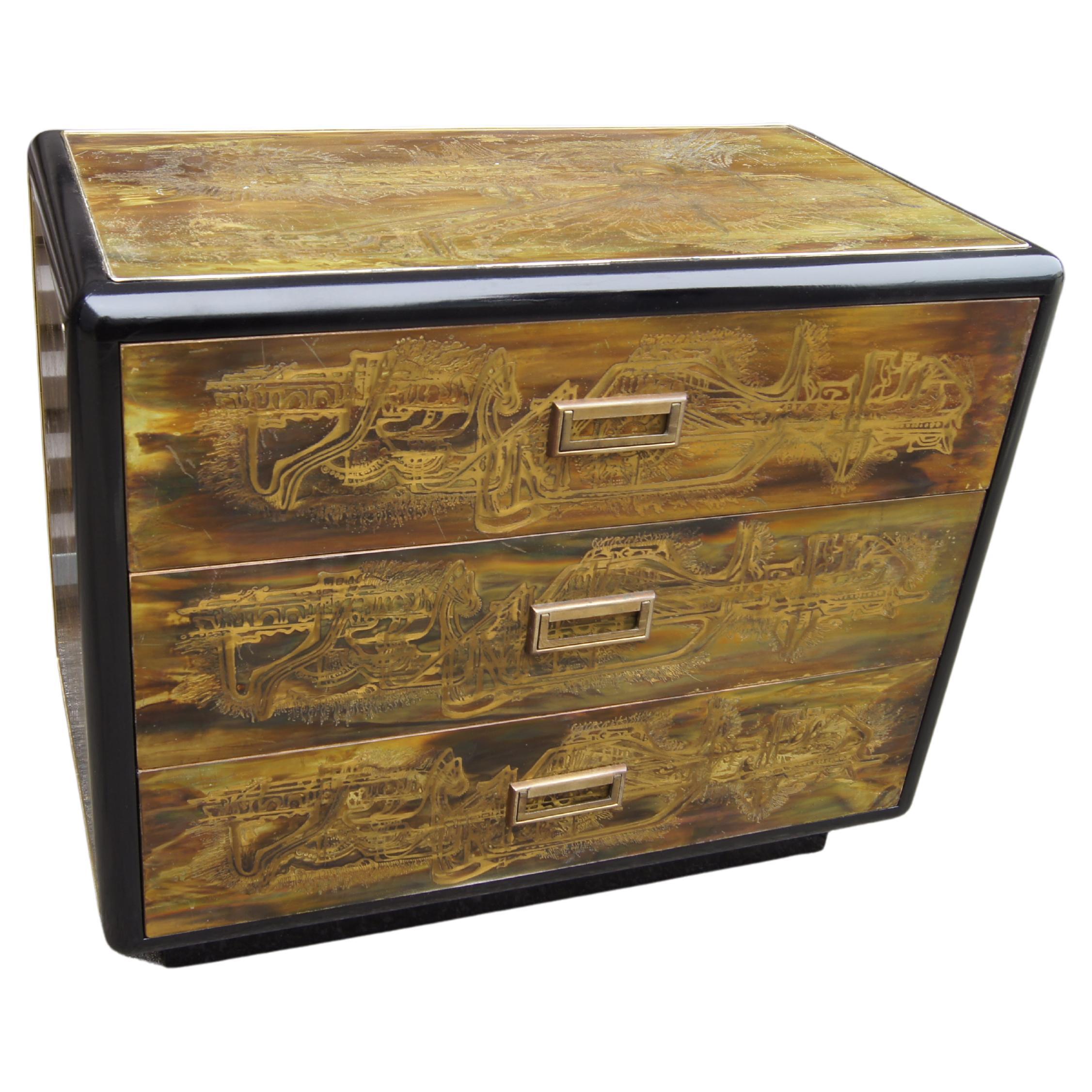 Small Acid-Etched Brass Chest of Drawers by Bernhard Rohne for Mastercraft