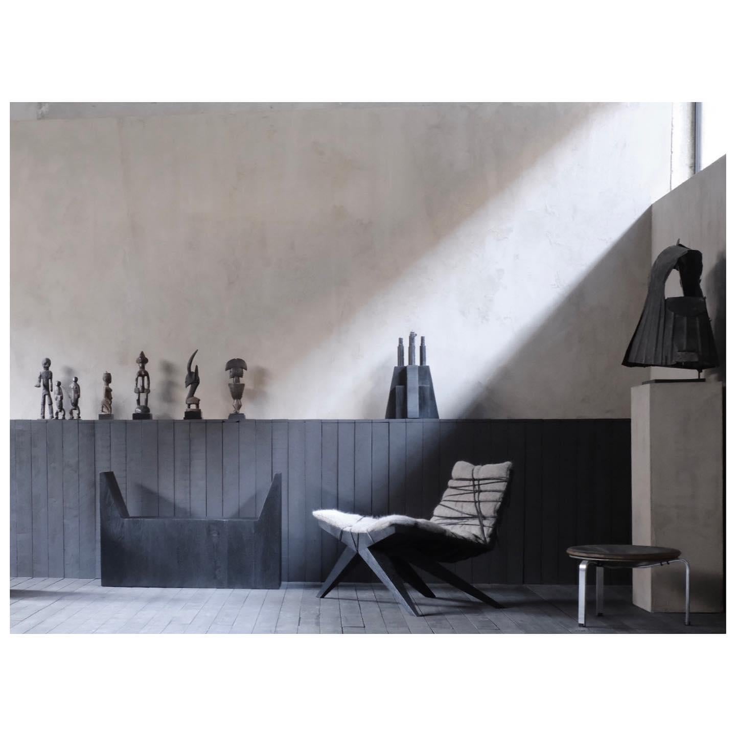 Patinated U-shaped Form Rubber Seat and Burned Steel Small Stool by Arno Declercq For Sale