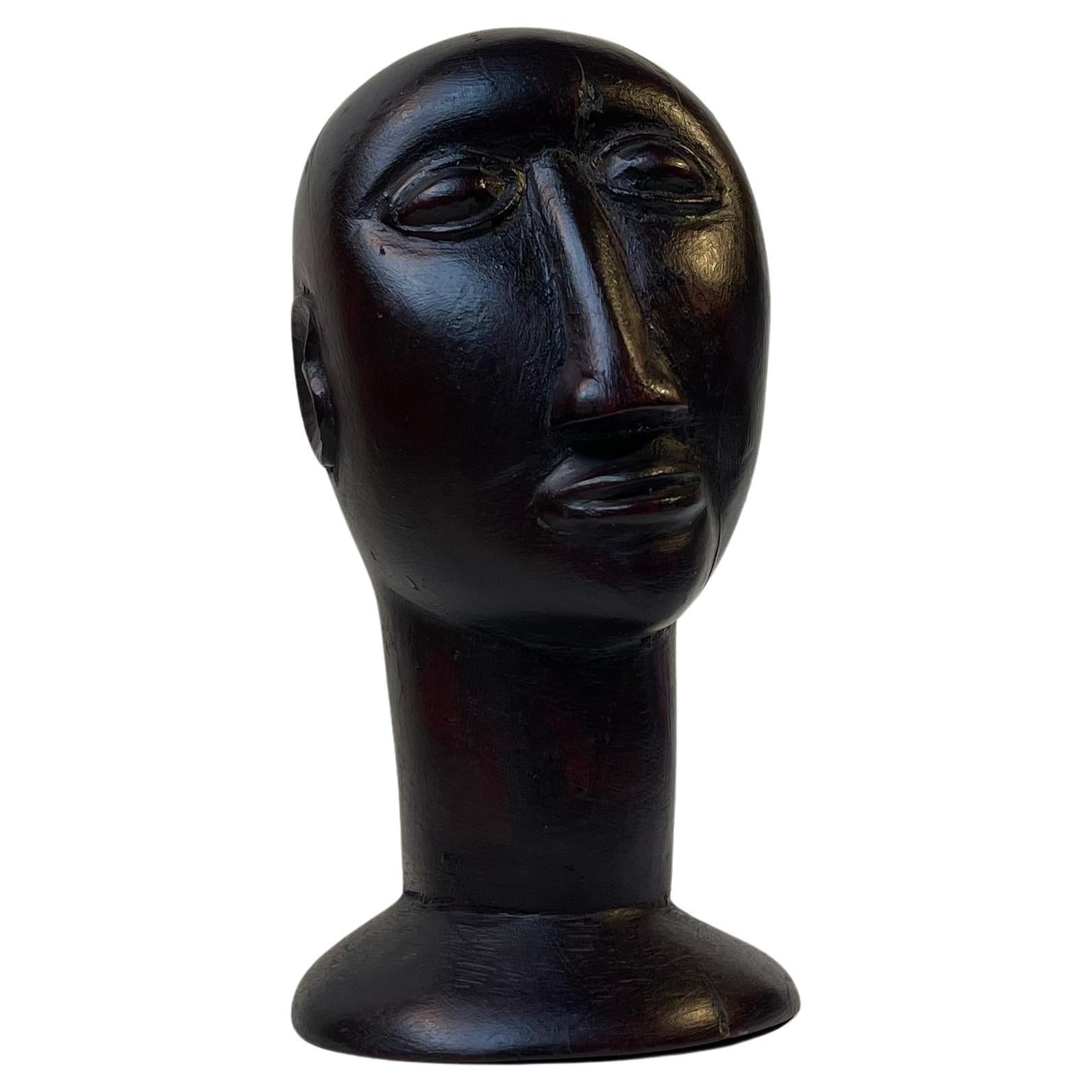 Small African Fang Style Head Bust in Black Wood - Minimal Features