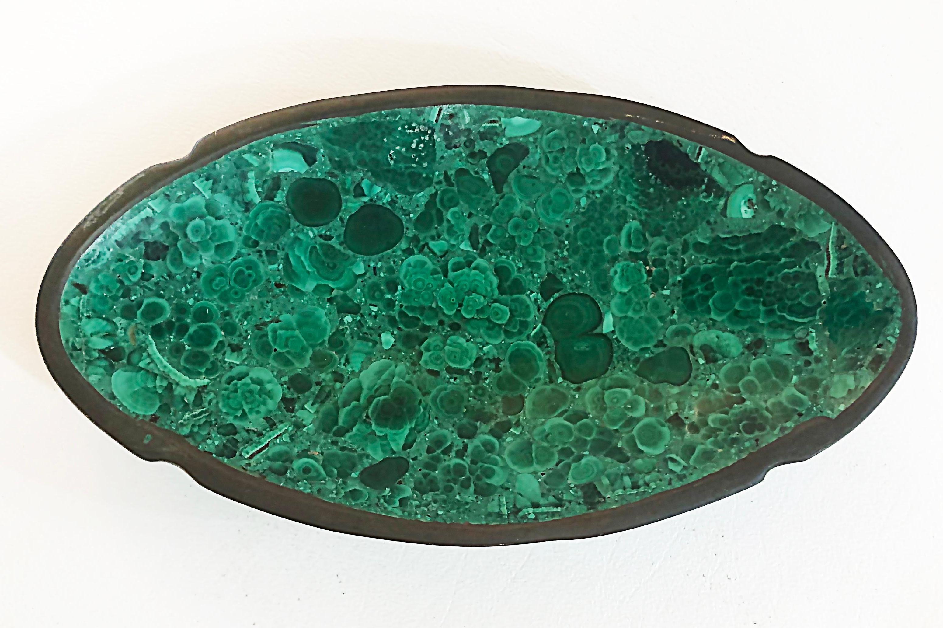 Brass Small African Malachite Carved Stone Oval Tray Catchall, Modern