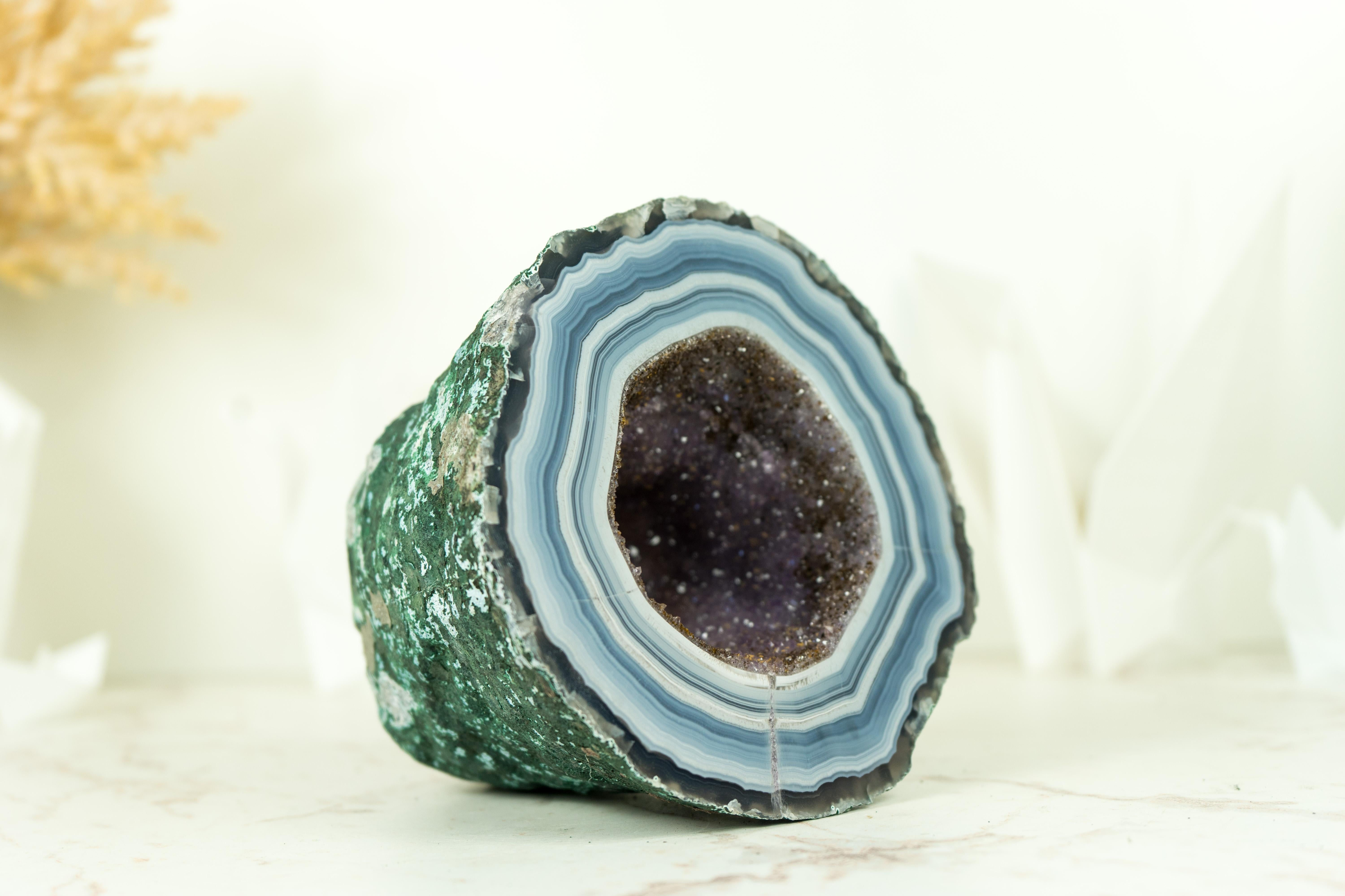 Small Agate Geode with World-Class Blue Banded Agate and Galaxy Druzy For Sale 4