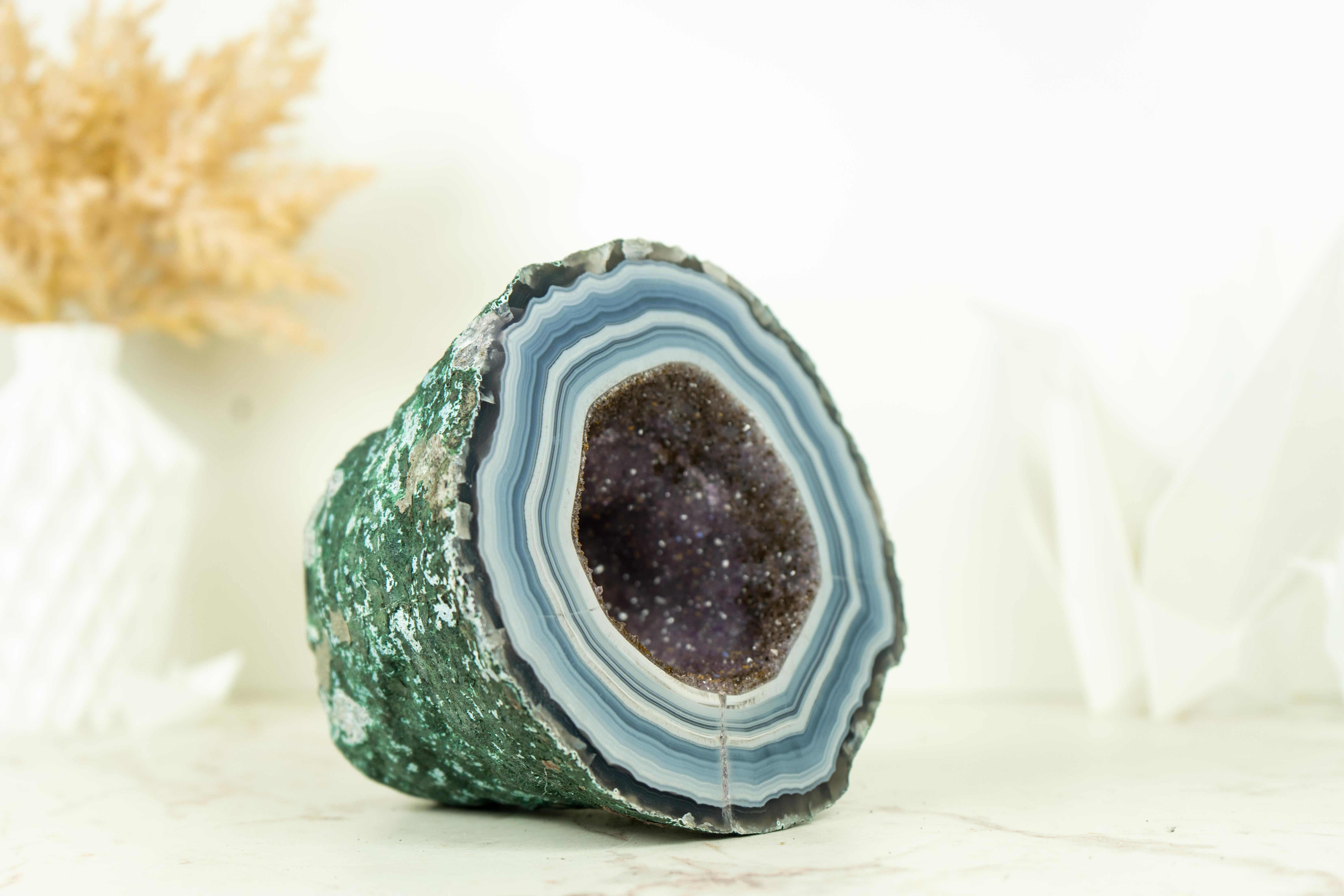 Brazilian Small Agate Geode with World-Class Blue Banded Agate and Galaxy Druzy