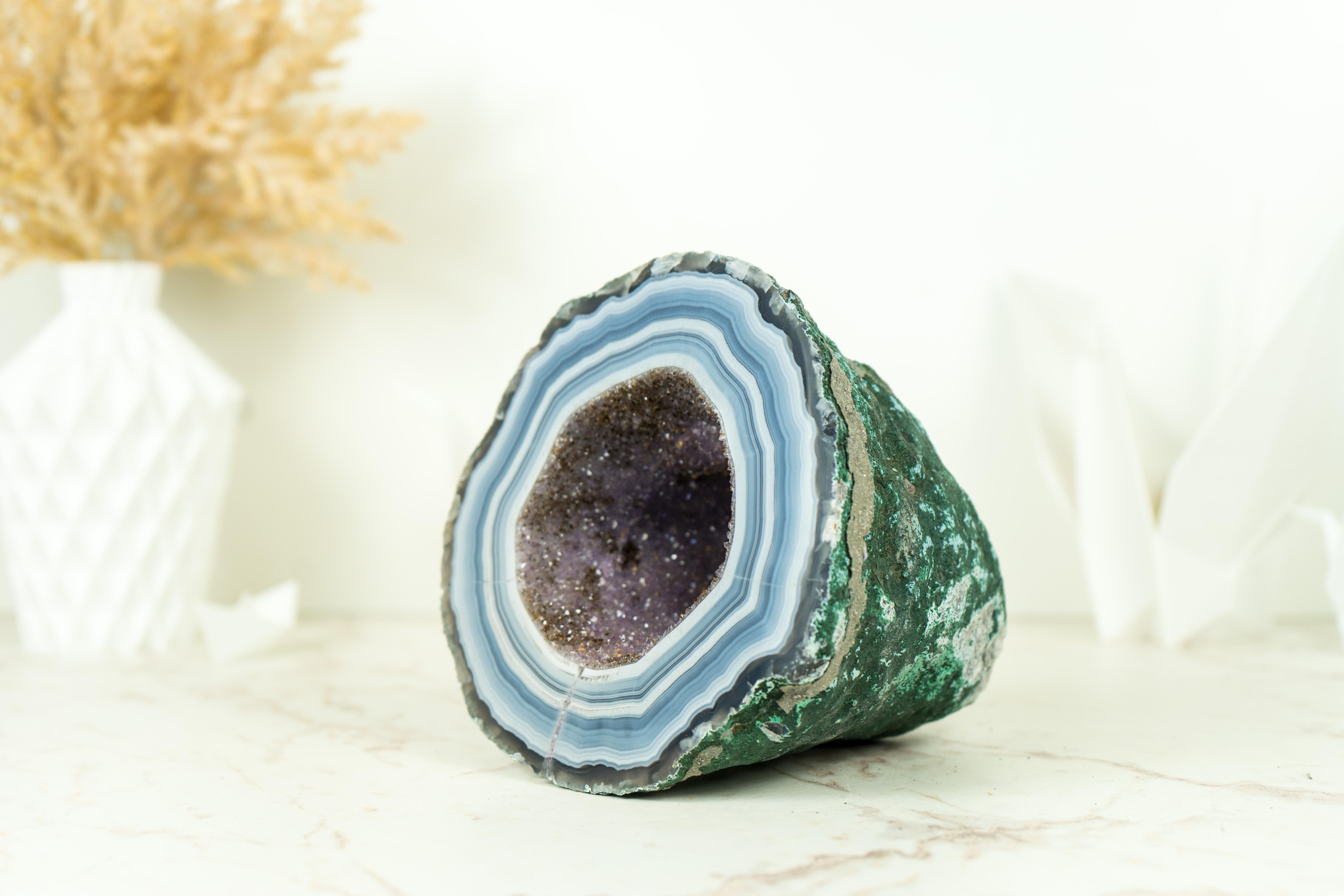 Contemporary Small Agate Geode with World-Class Blue Banded Agate and Galaxy Druzy For Sale